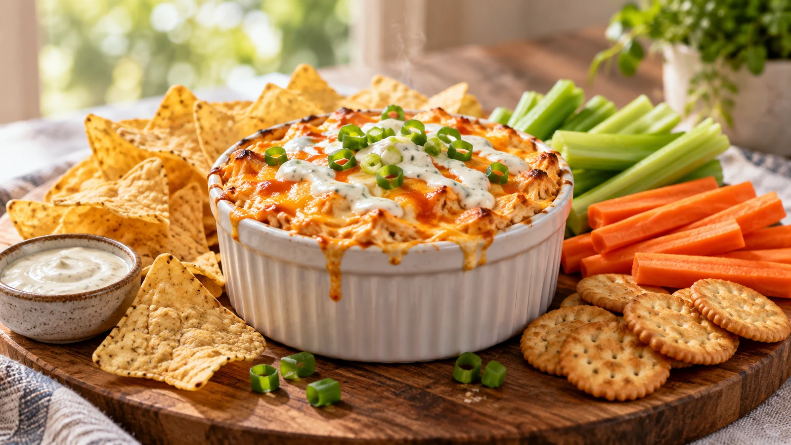 Buffalo chicken dip in an individual ramekin with green onions, ranch, chips, vegetables, and crackers.
