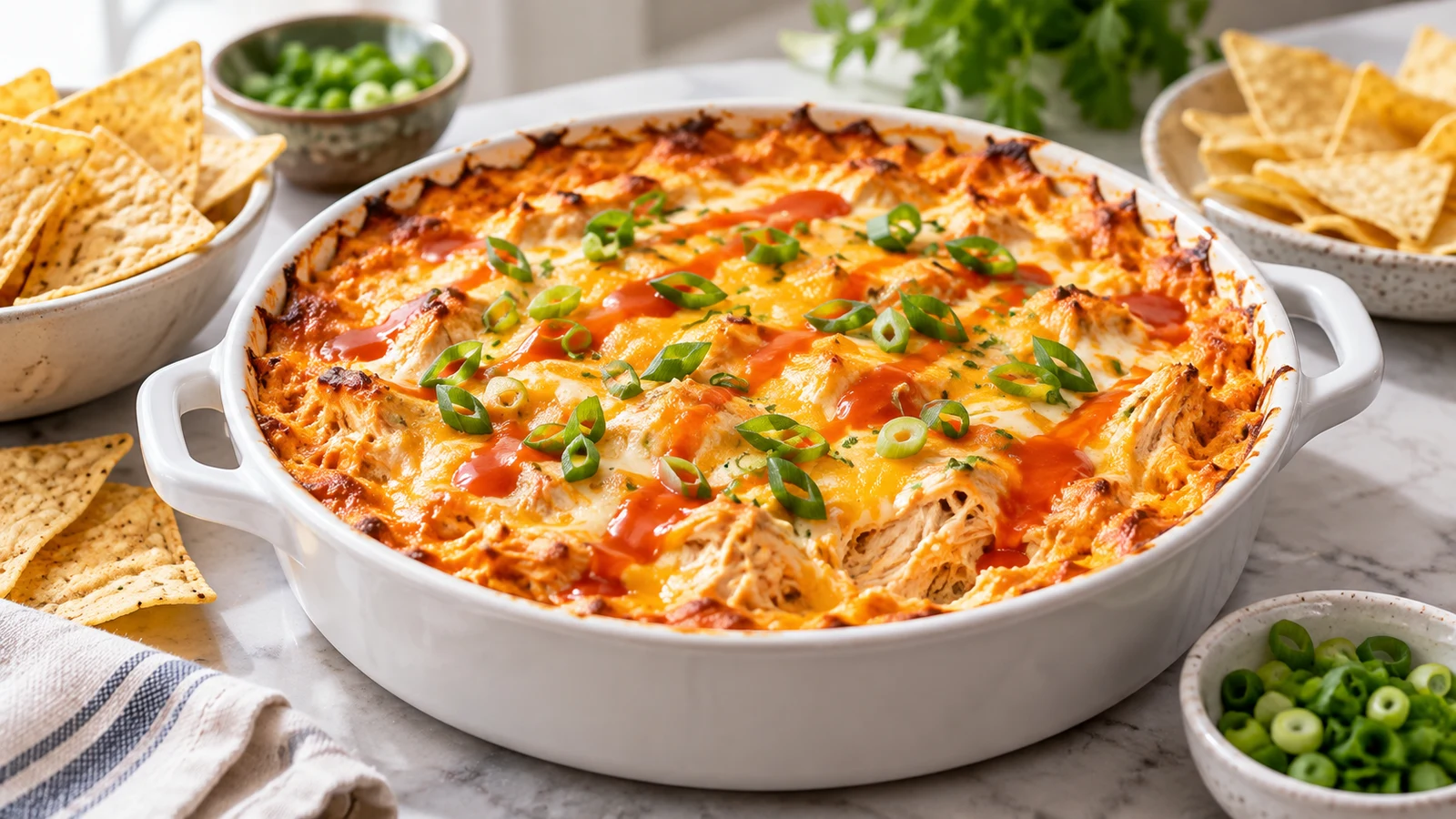 Easy buffalo chicken dip, golden and bubbly with green onions and Buffalo sauce, served with tortilla chips.