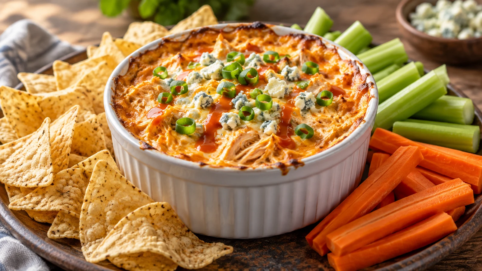 Buffalo chicken dip with canned chicken served with tortilla chips, celery sticks, and carrot sticks.