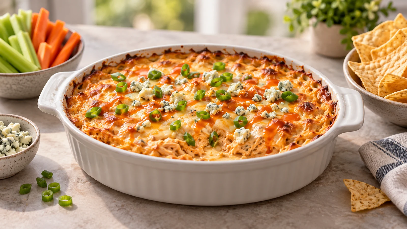 Buffalo chicken dip with canned chicken, bubbling and topped with green onions, blue cheese, and hot sauce.