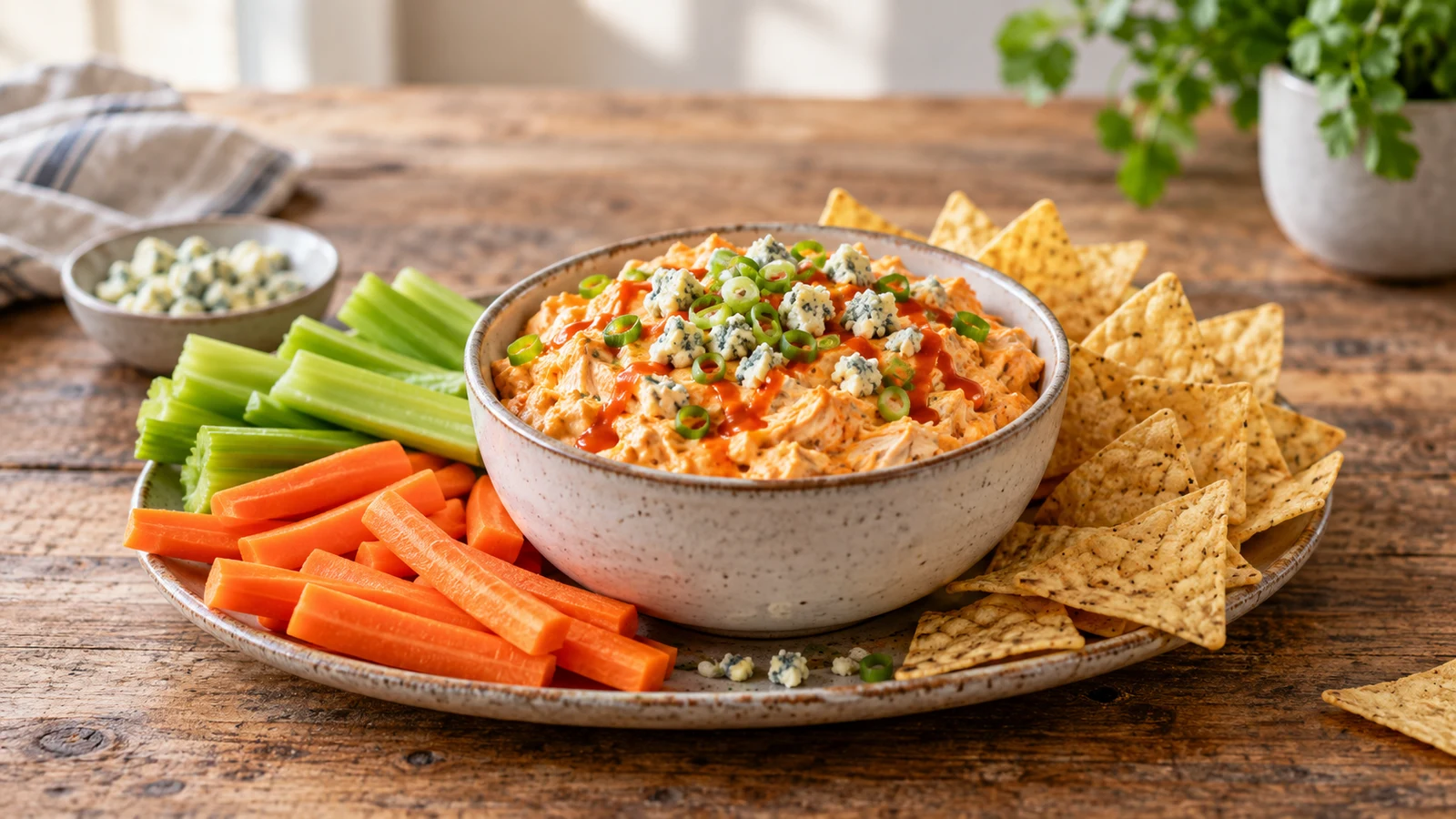 Buffalo dip served with celery, carrots, and tortilla chips, topped with blue cheese and green onions.
