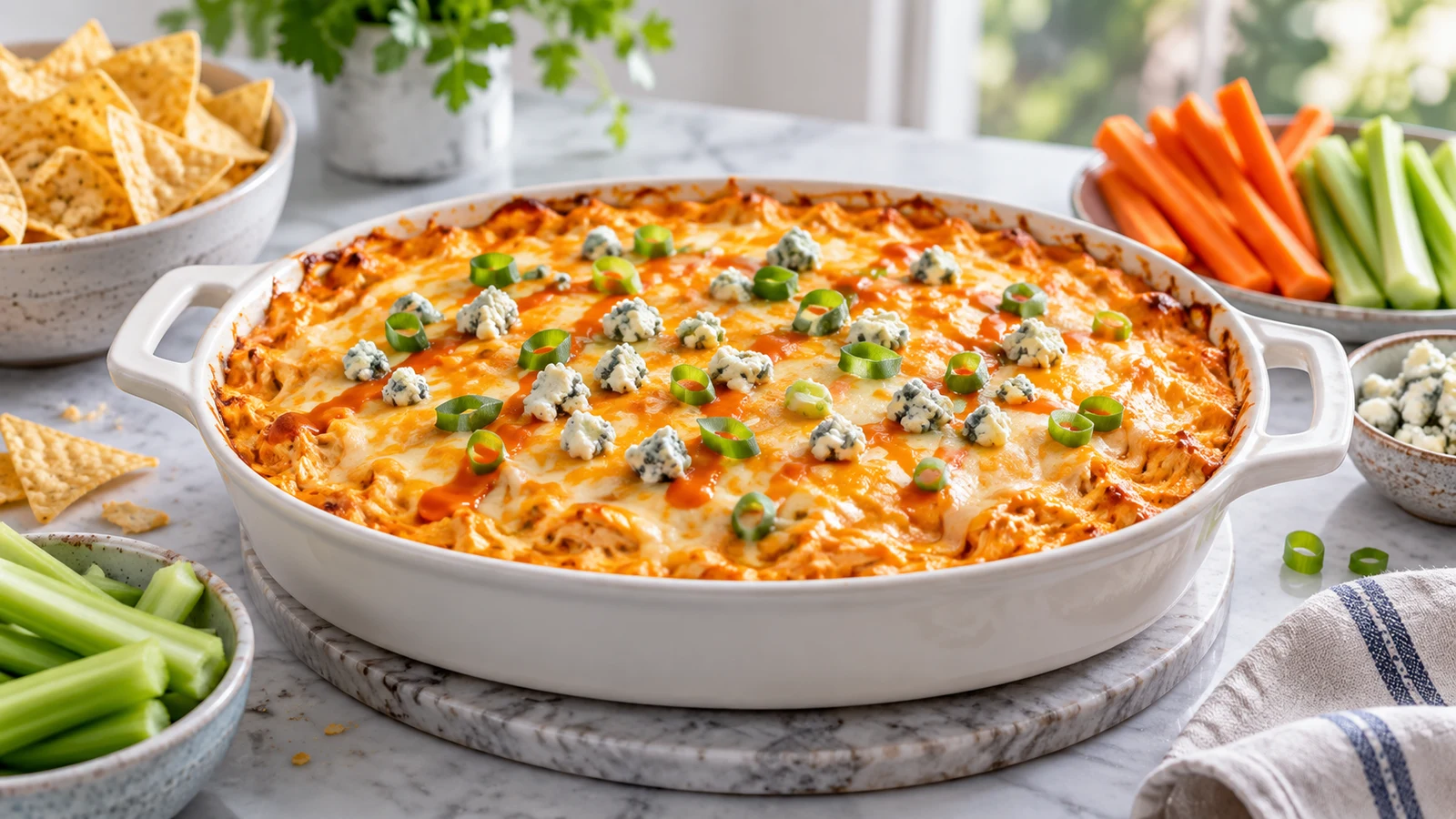 Buffalo dip baked until bubbling, topped with green onions, blue cheese, and Buffalo sauce.