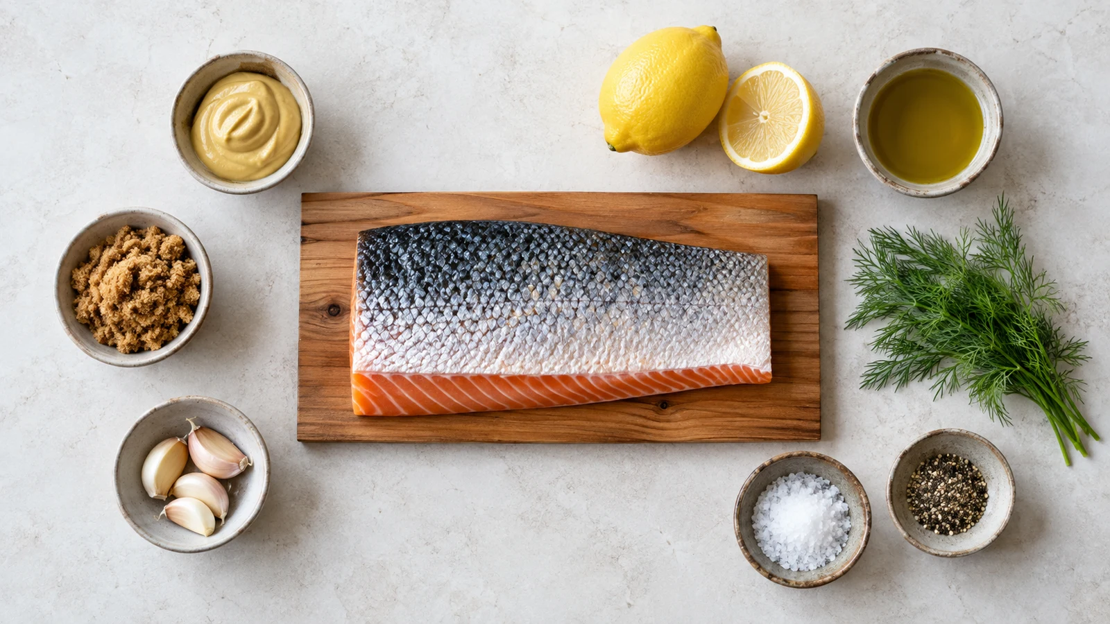 Cedar plank salmon recipe: ingredients for cedar plank salmon arranged with brown sugar, Dijon, garlic, lemon, and dill.