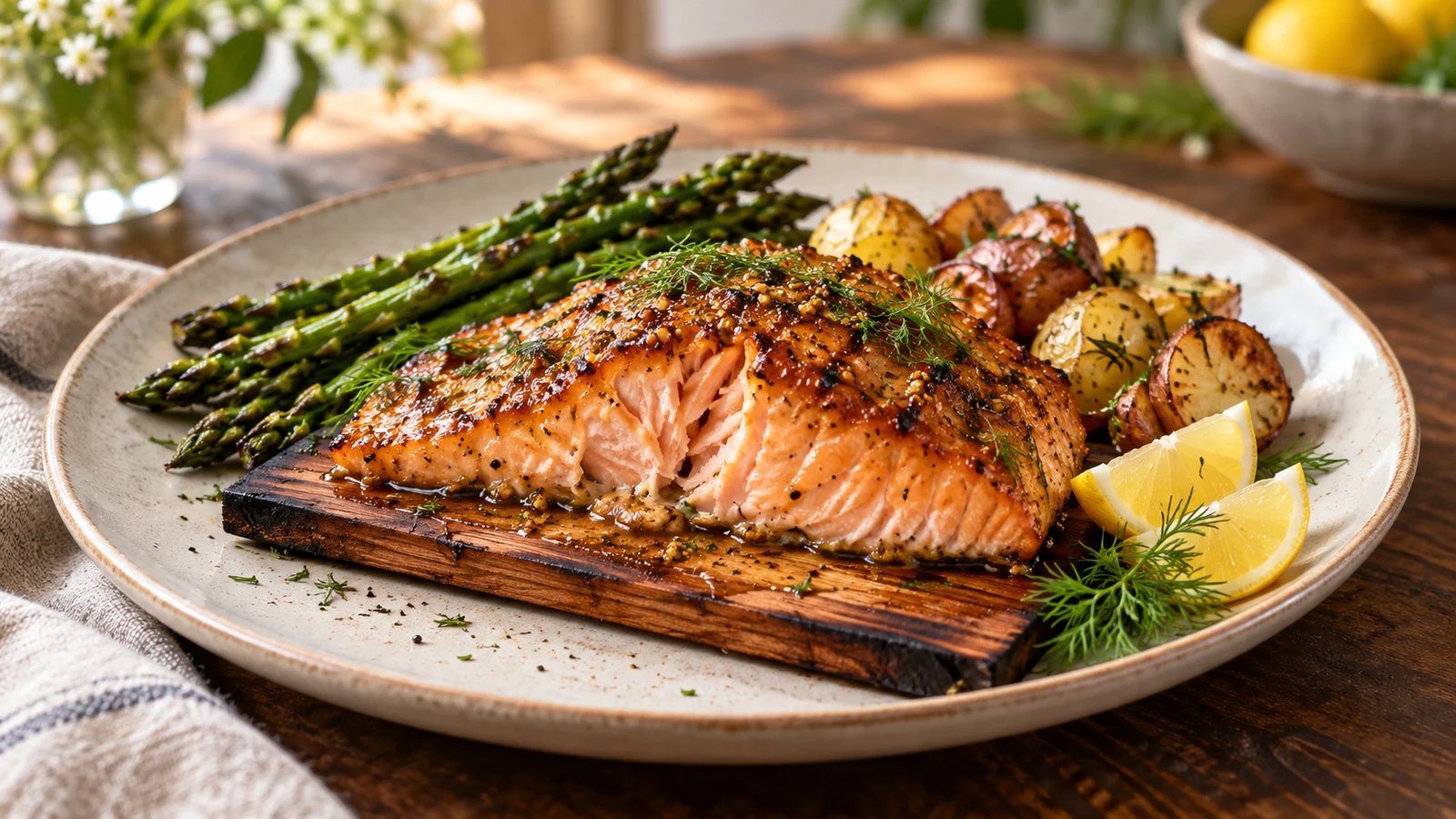 Cedar plank salmon served with grilled asparagus, roasted baby potatoes, dill, and lemon.