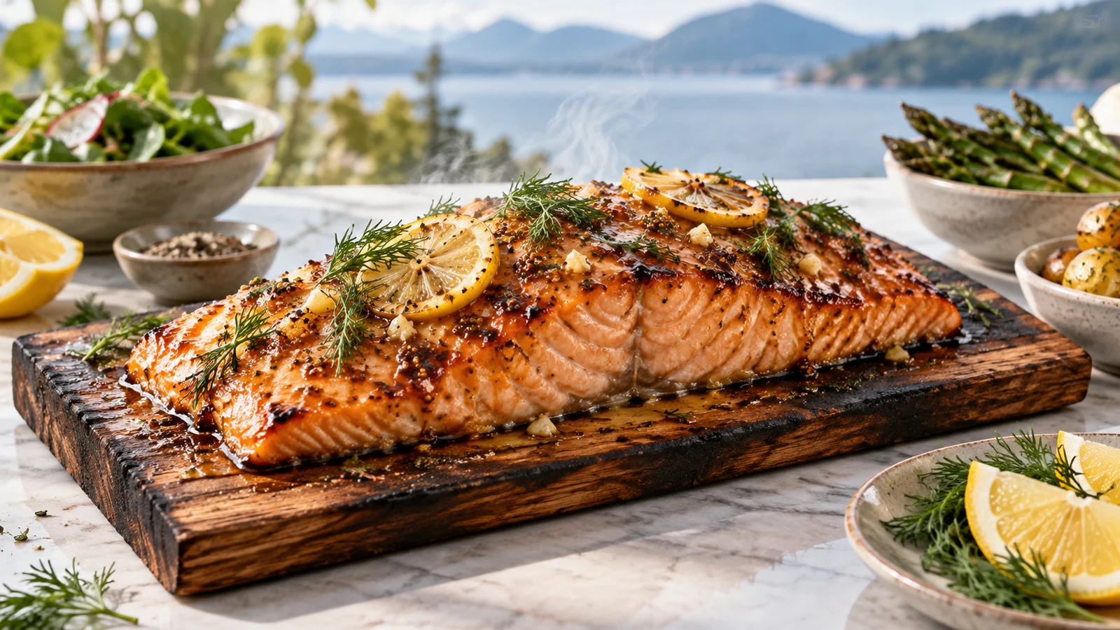 Glossy cedar plank salmon with caramelized brown sugar glaze, fresh dill, and lemon.