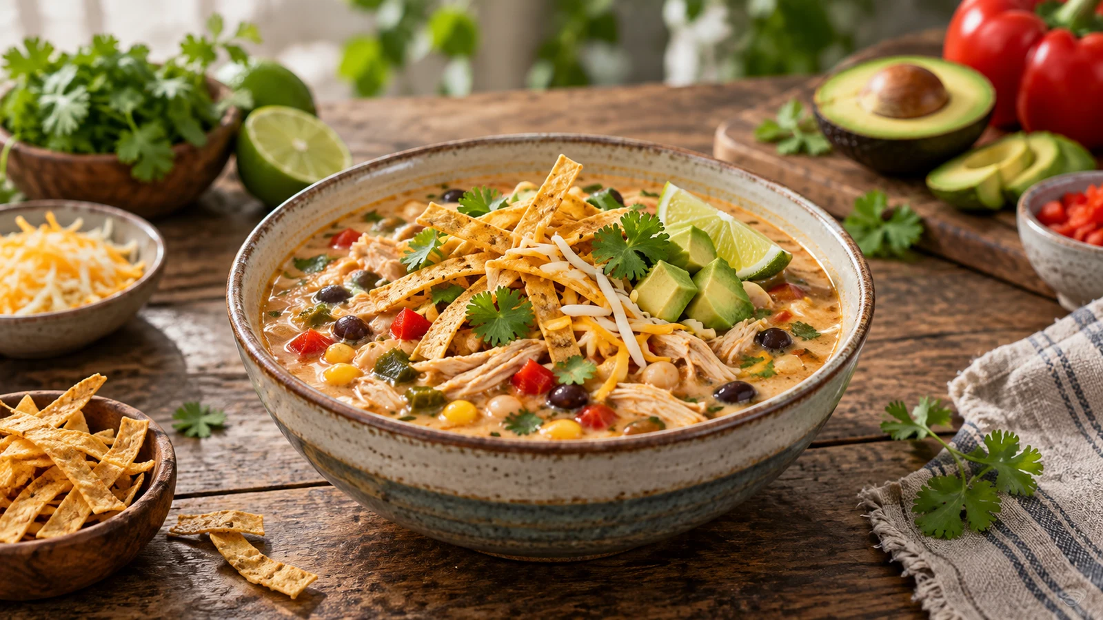 Chick fil a chicken tortilla soup topped with tortilla strips, cilantro, cheese, avocado, and lime