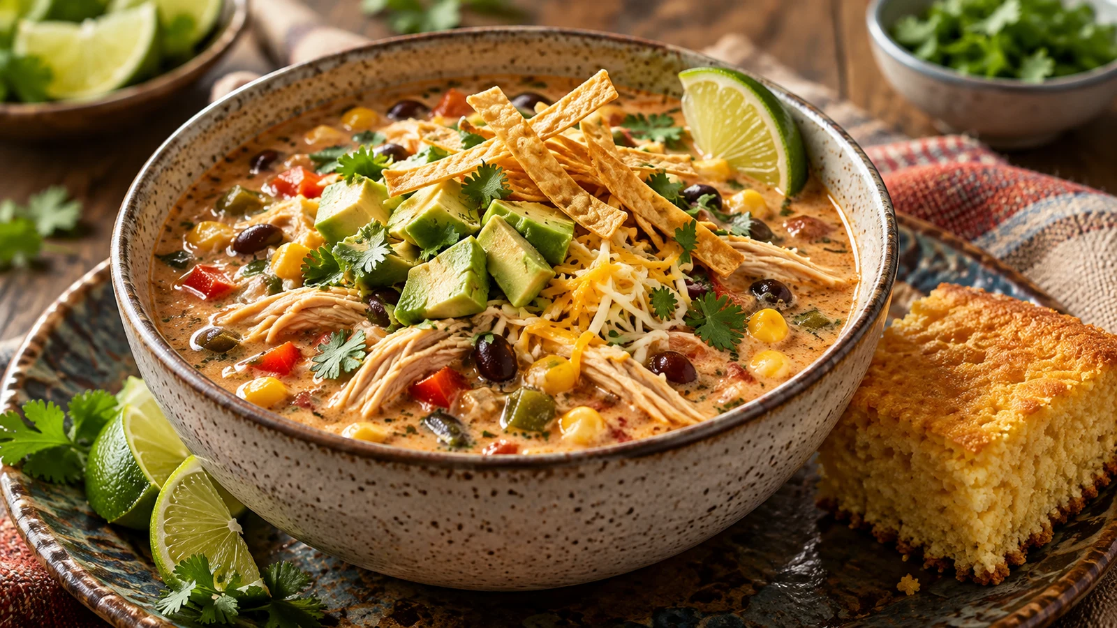 Chick fil a chicken tortilla soup served with fresh garnishes and warm cornbread