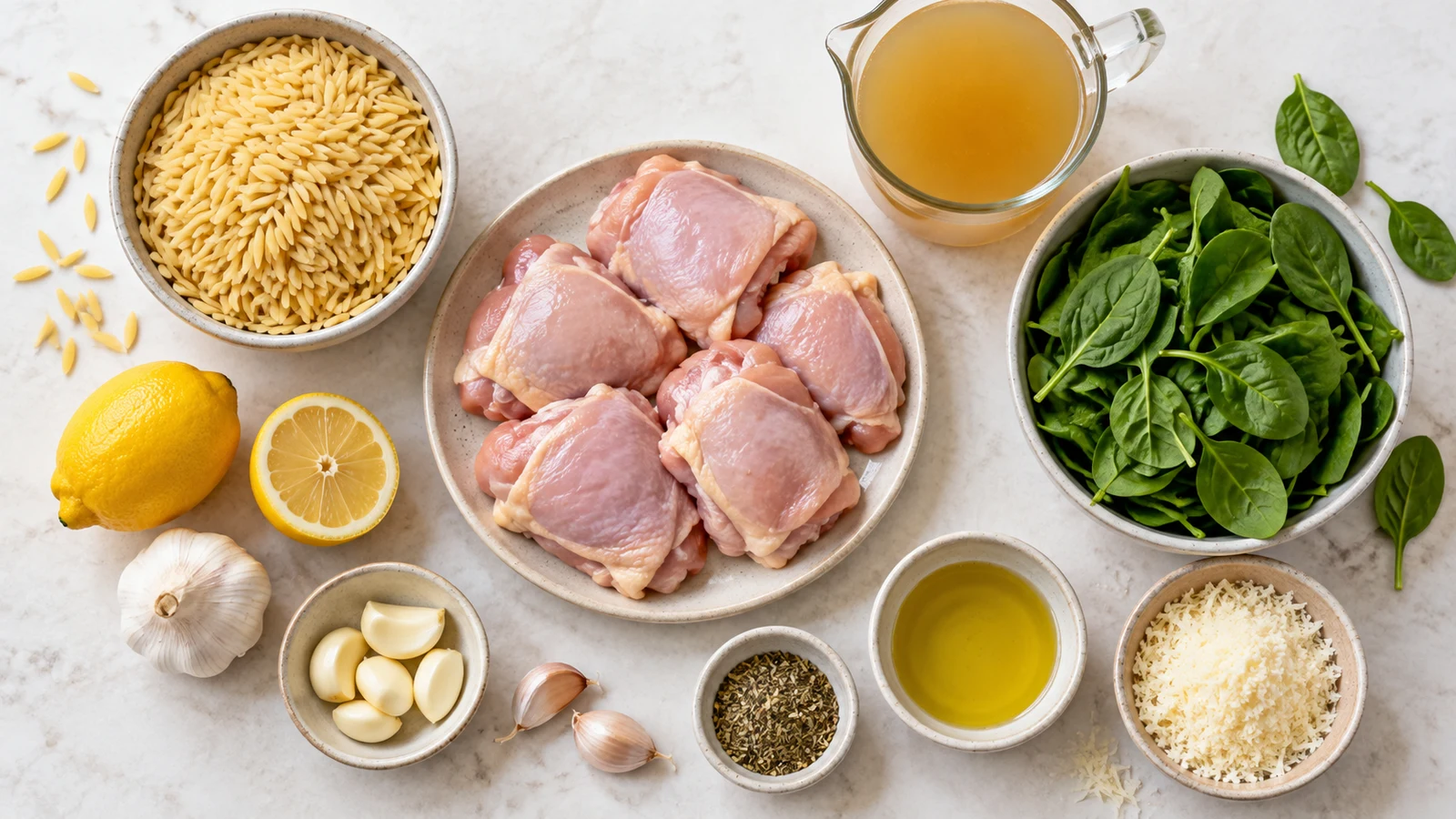 Chicken and orzo recipes: chicken and orzo ingredients arranged with thighs, spinach, lemon, garlic, Parmesan, broth and seasonings.