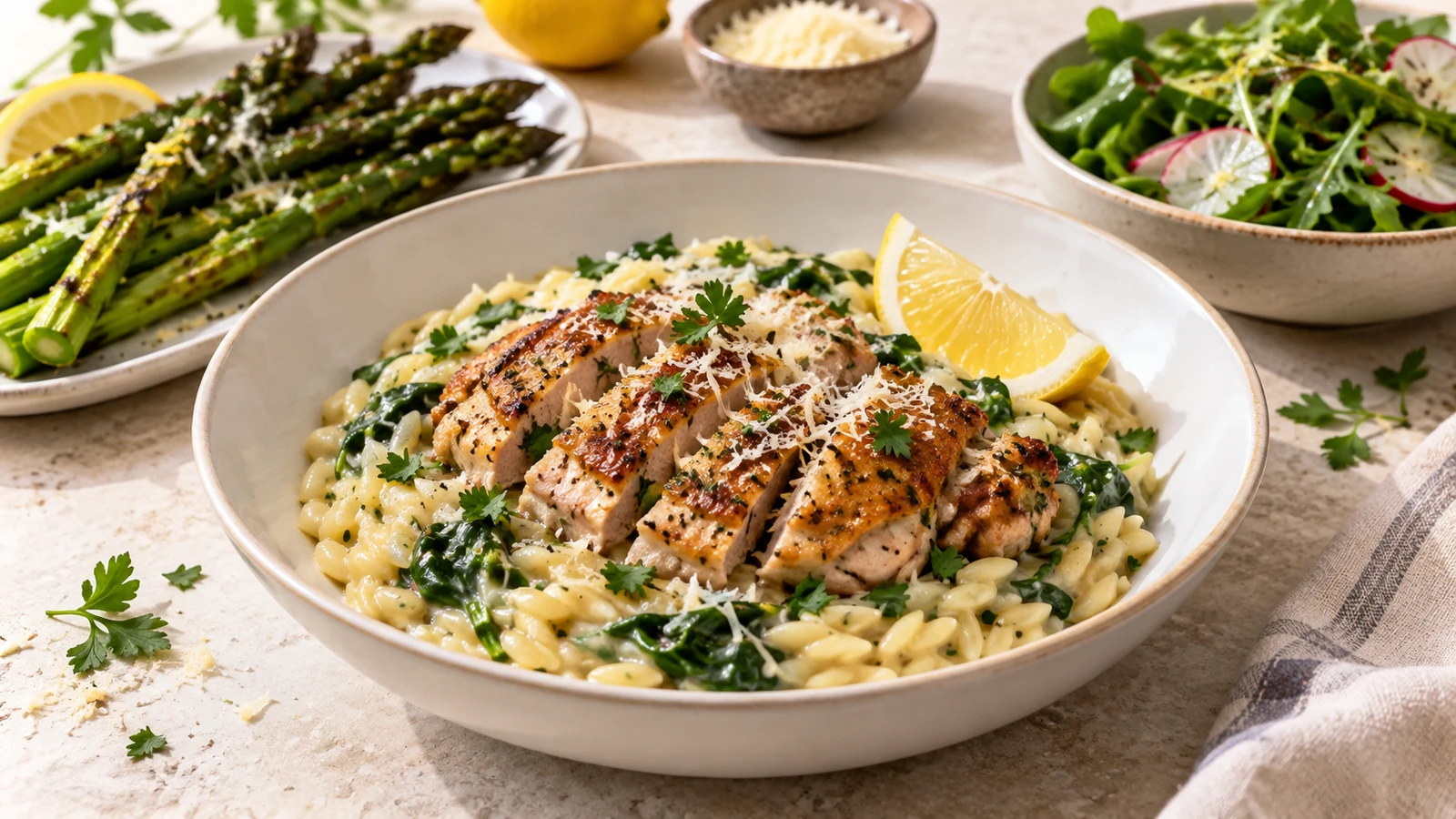 Chicken and orzo served with roasted asparagus, green salad, parsley, Parmesan and a lemon wedge.
