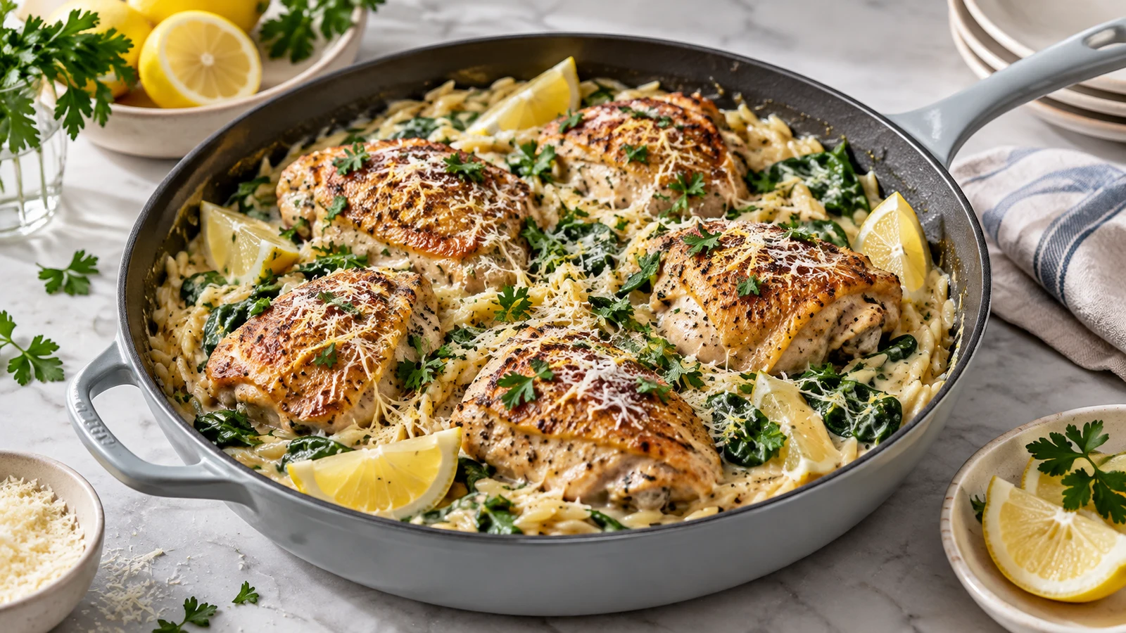 Chicken and orzo with golden thighs, creamy spinach orzo, Parmesan, parsley and lemon in a skillet.