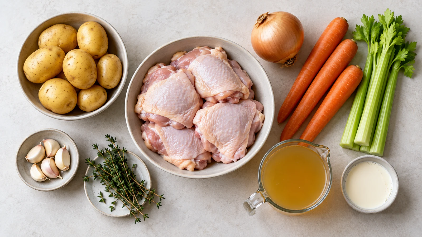 Chicken and potato soup recipe: ingredients for chicken and potato soup arranged in a bright, organized flat lay.