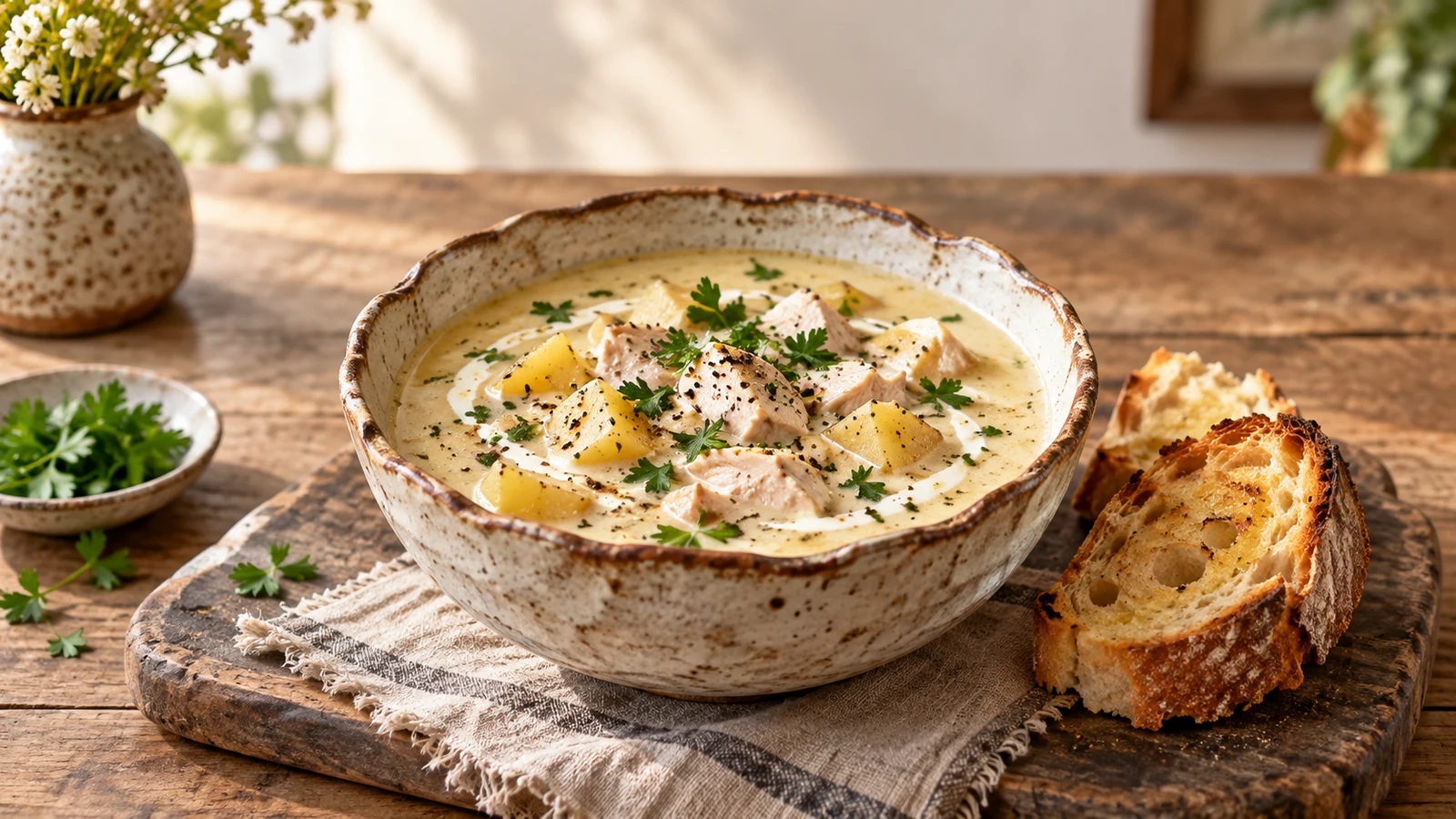 Chicken and potato soup served with parsley, turkey bacon, cracked pepper and toasted crusty bread.