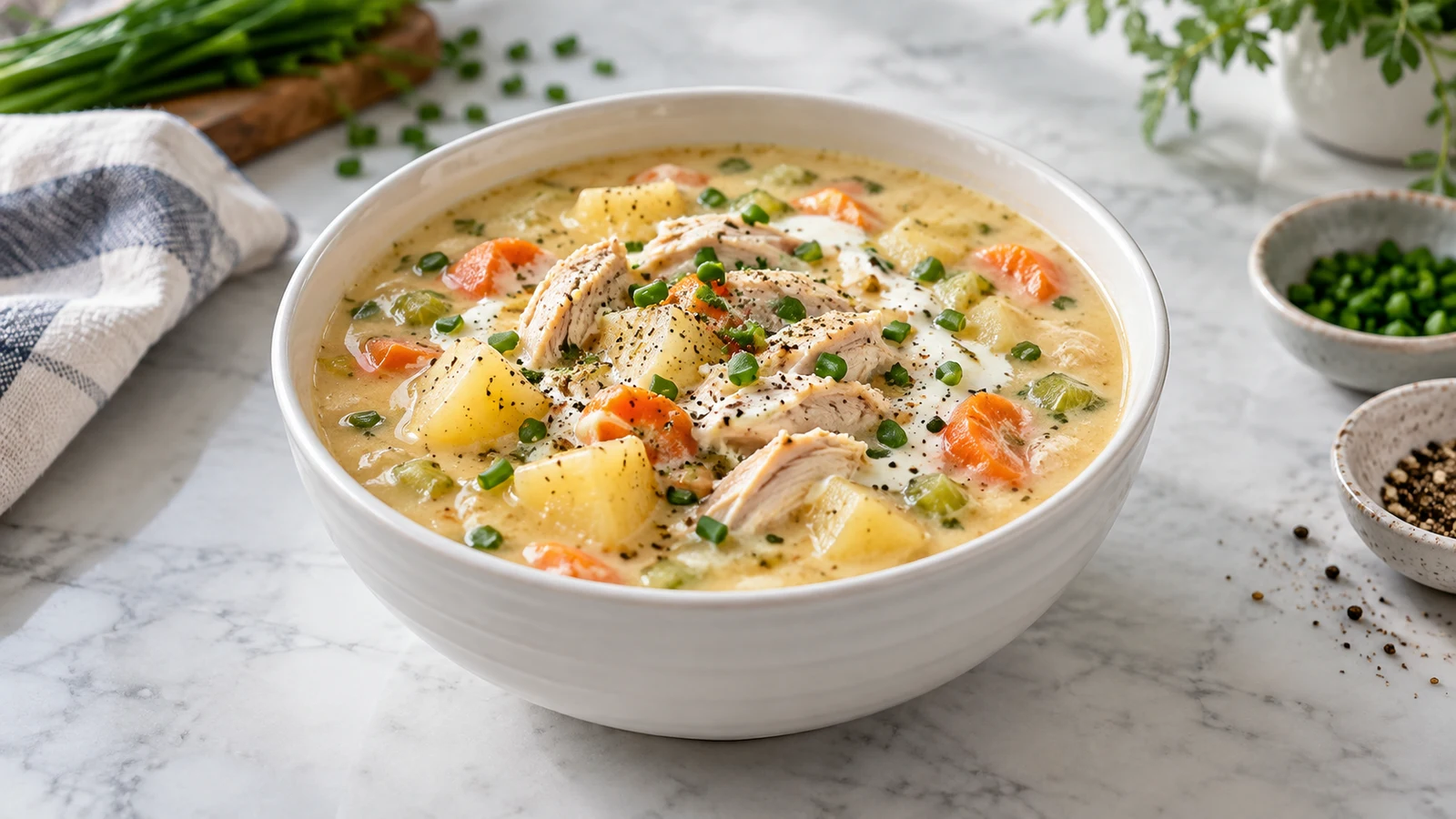 Chicken and potato soup with tender chicken, golden potatoes, turkey bacon, chives and a cream swirl.