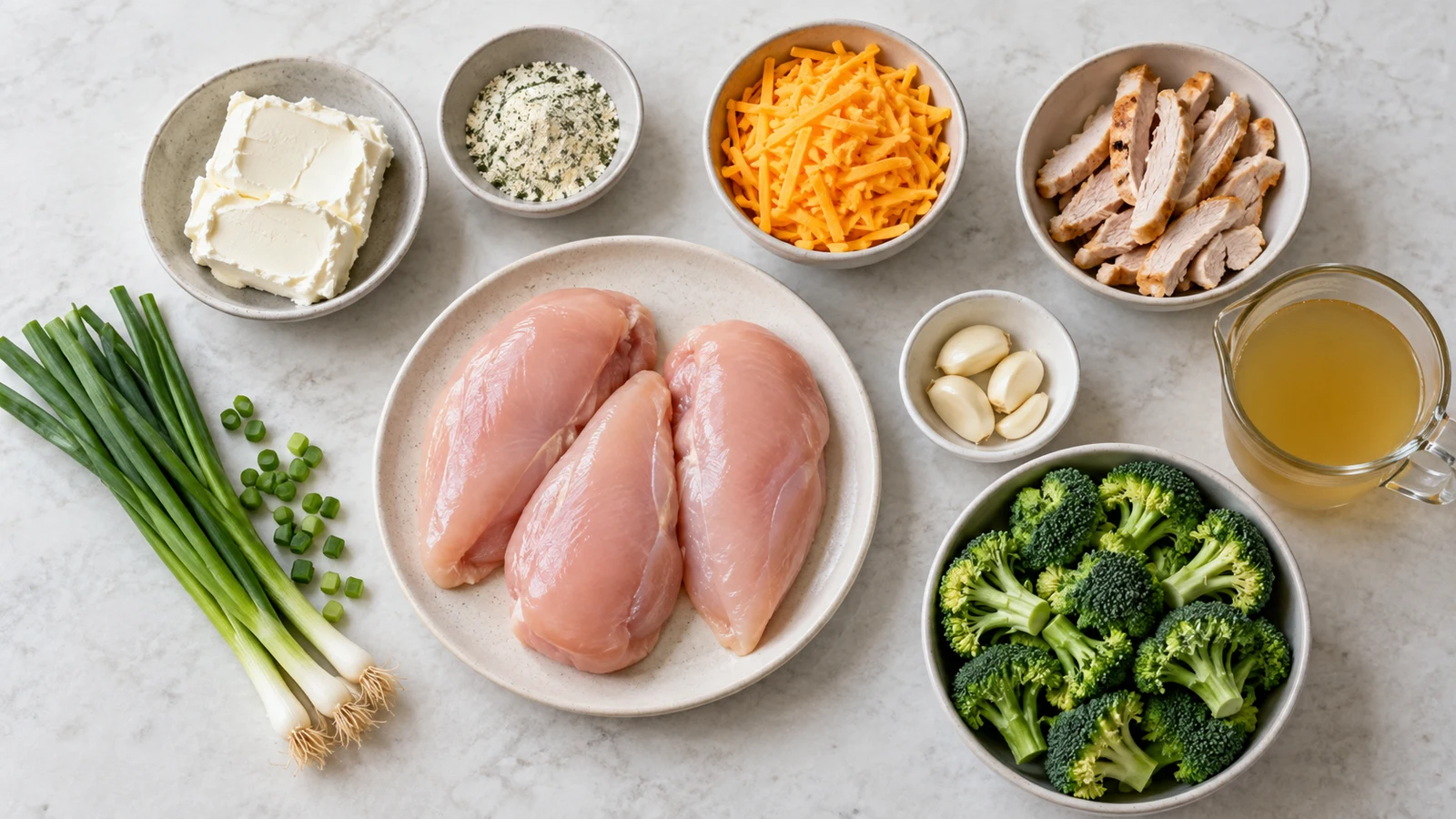 Ingredients for chicken dinner arranged with chicken breasts, cheeses, seasonings and broccoli.