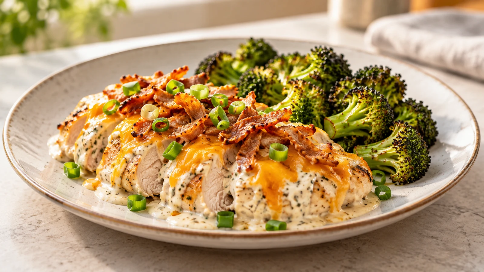 Plated chicken dinner in creamy ranch sauce with cheddar, green onions and roasted broccoli.