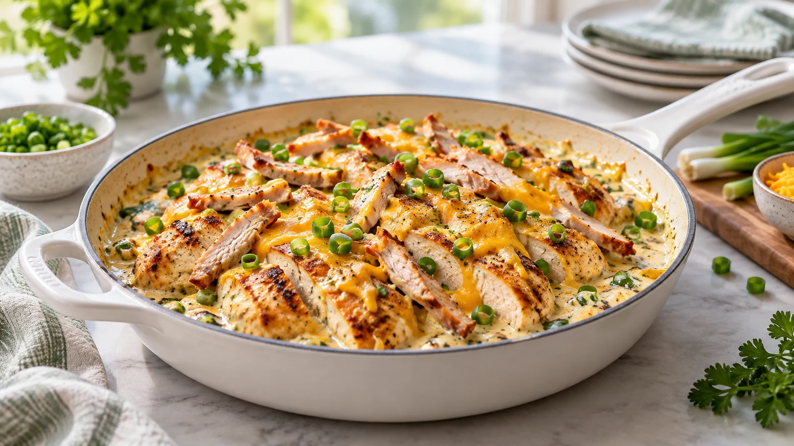 Creamy chicken dinner with cheddar, crisp turkey strips and green onions in a white skillet.