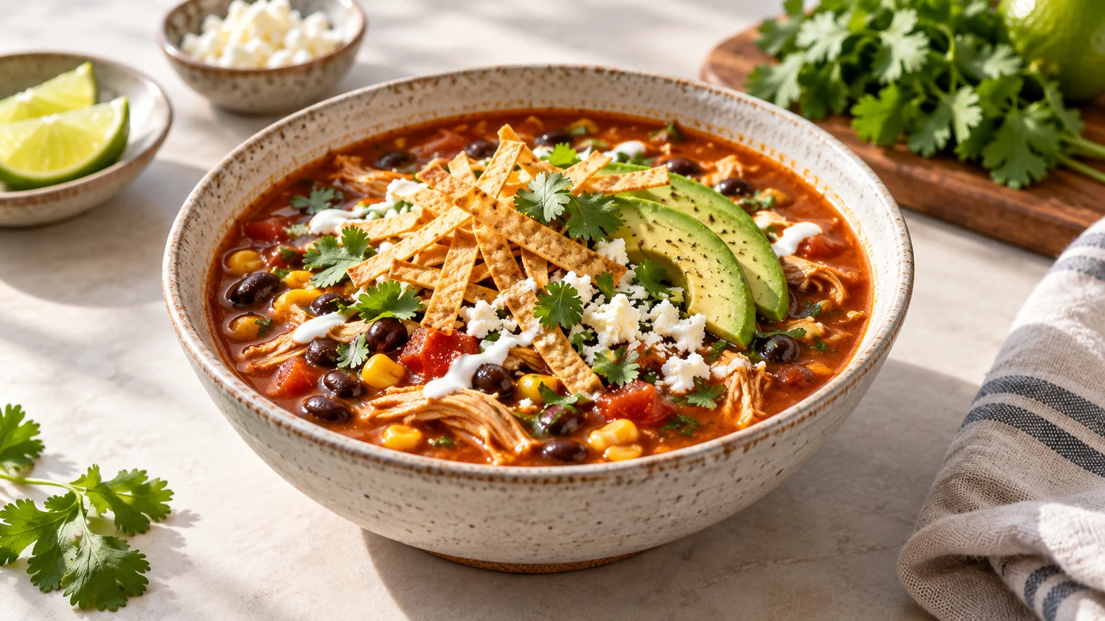 Chicken enchilada tortilla soup topped with avocado, cotija, crema, cilantro and crispy tortilla strips.