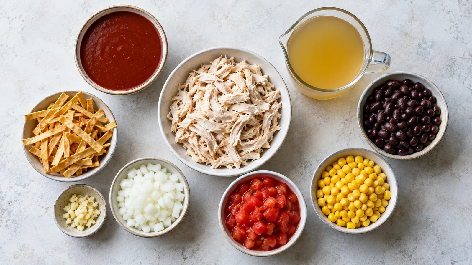 Chicken enchilada tortilla soup recipe: chicken enchilada tortilla soup ingredients arranged in bowls on a clean, light surface.