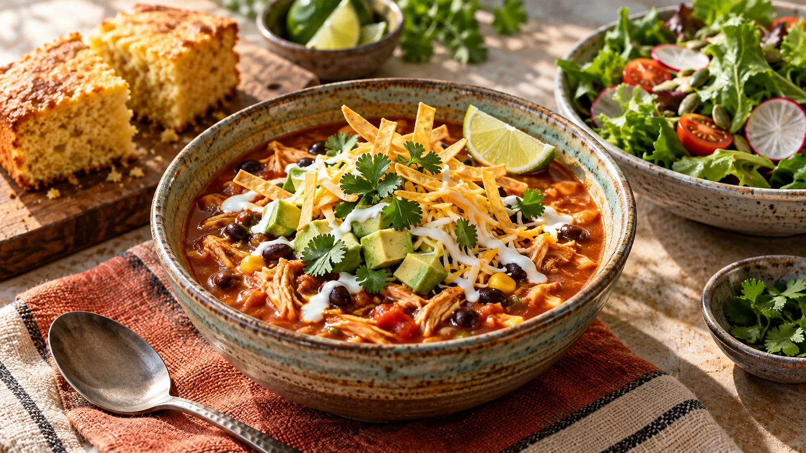 Chicken enchilada tortilla soup served with golden cornbread and a fresh green salad.
