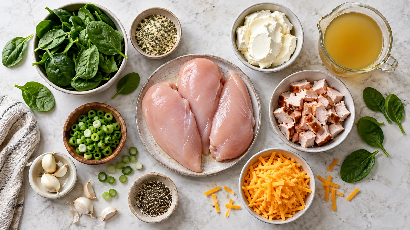 Ingredients for chicken meals, including chicken breasts, cream cheese, cheddar, scallions, garlic, and spinach.
