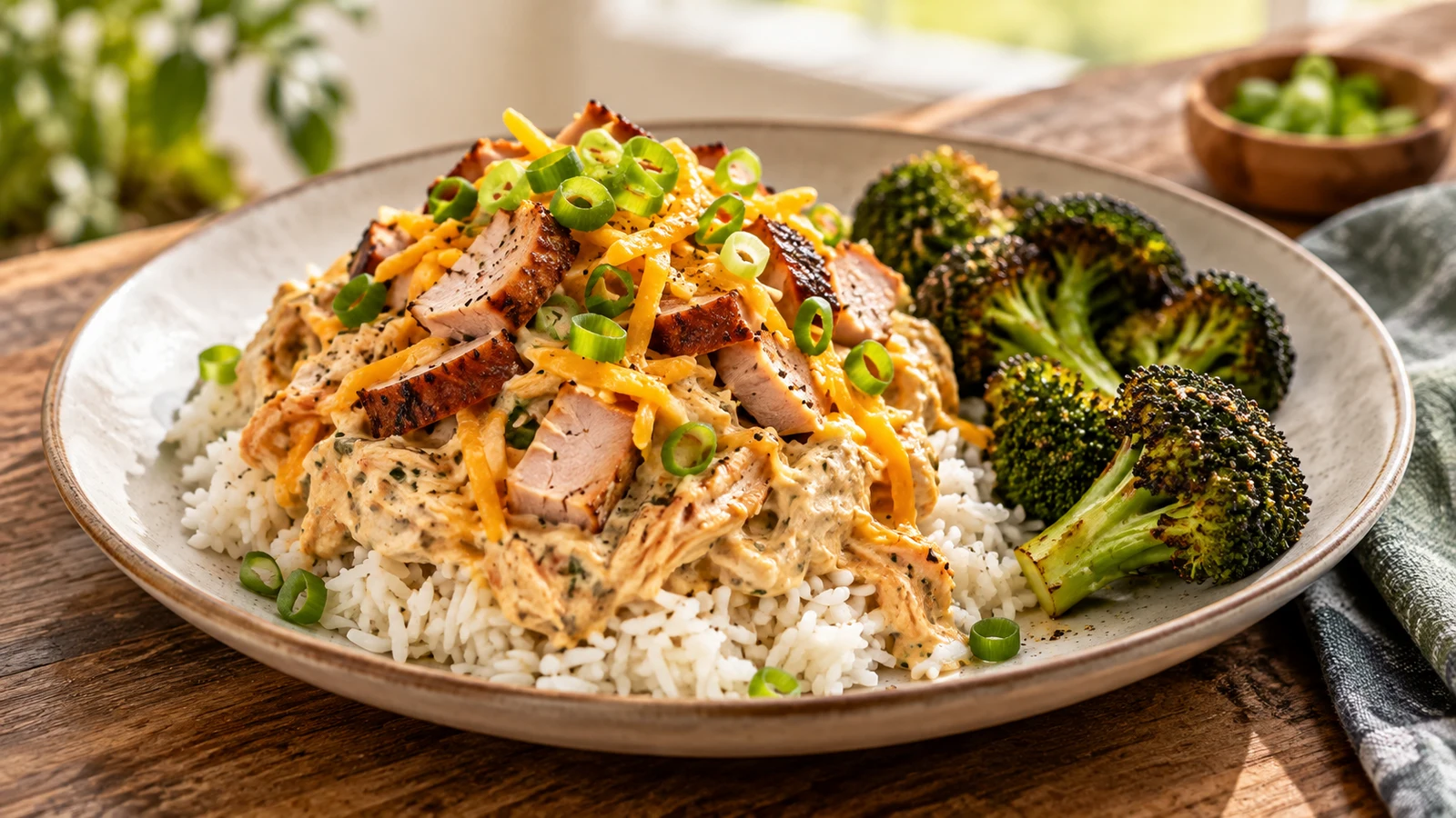 Chicken meals portion over fluffy rice with cheddar, scallions, smoked turkey pieces, and roasted broccoli.