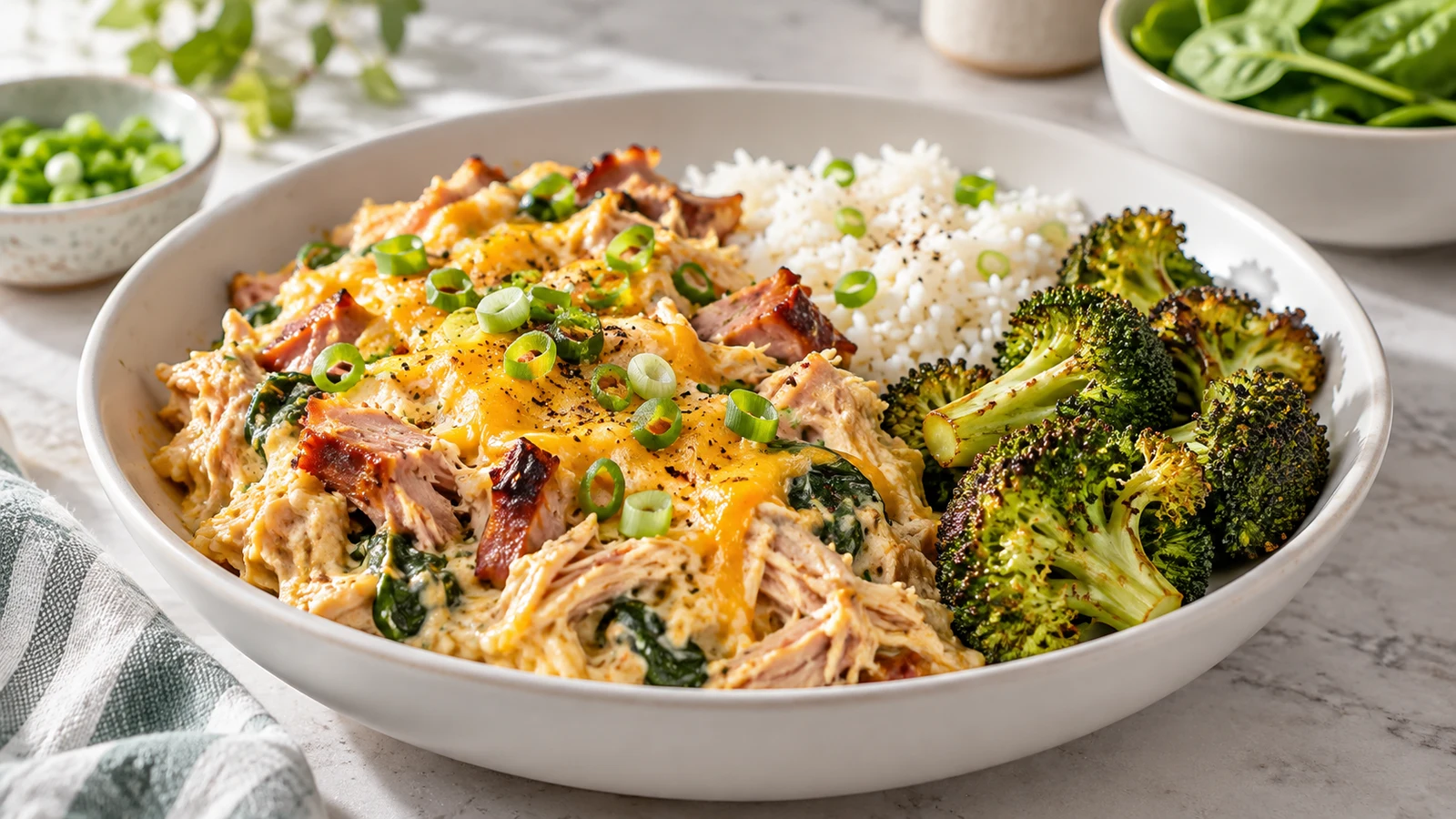Creamy chicken meals with cheddar and scallions, served family-style with rice and roasted broccoli.