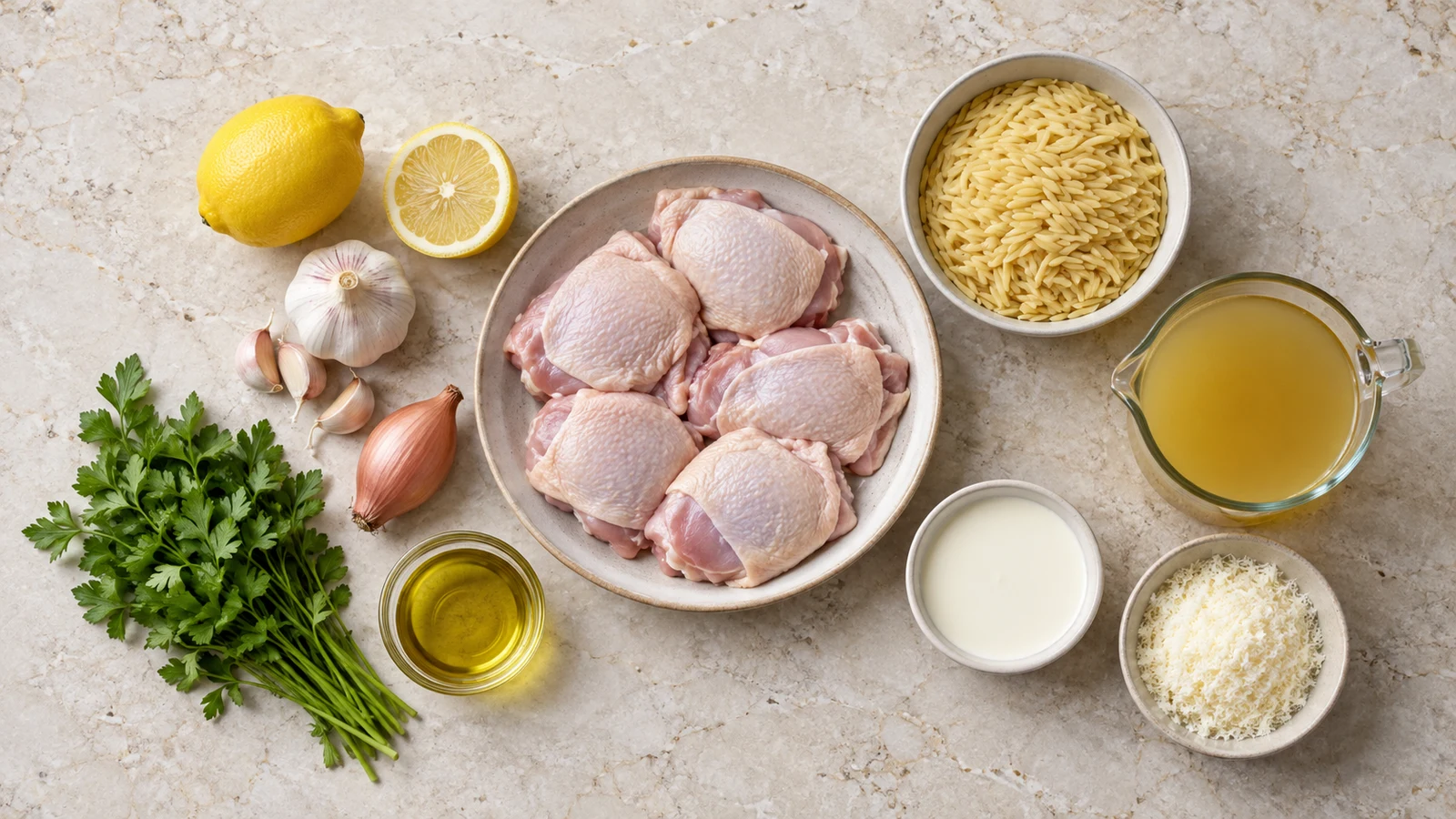 Ingredients for chicken thighs and orzo arranged in bowls with lemon, garlic, cream, Parmesan, and parsley.