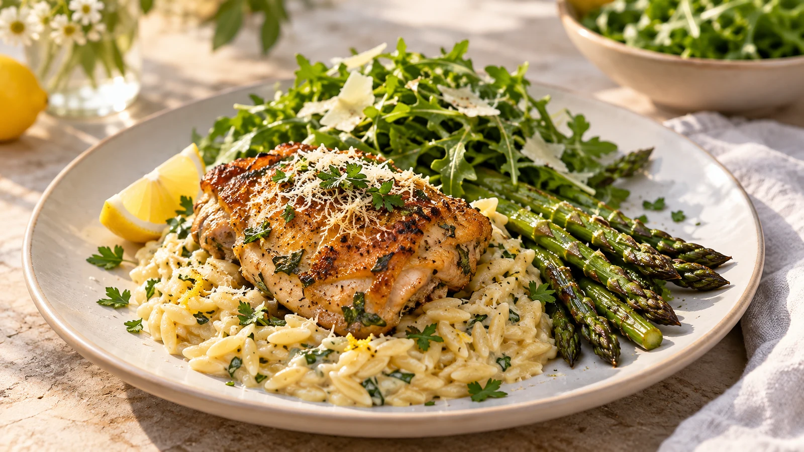 Chicken thighs and orzo served with roasted asparagus, arugula salad, parsley, Parmesan, and lemon.