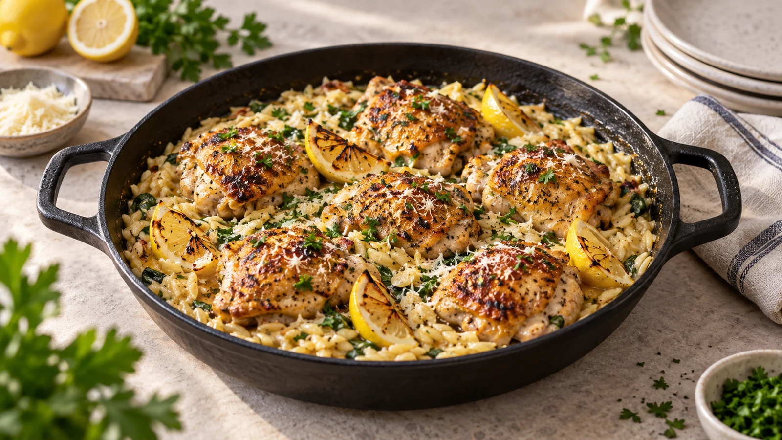 Chicken thighs and orzo with crispy golden chicken, creamy lemon orzo, parsley, Parmesan, and lemon wedges.