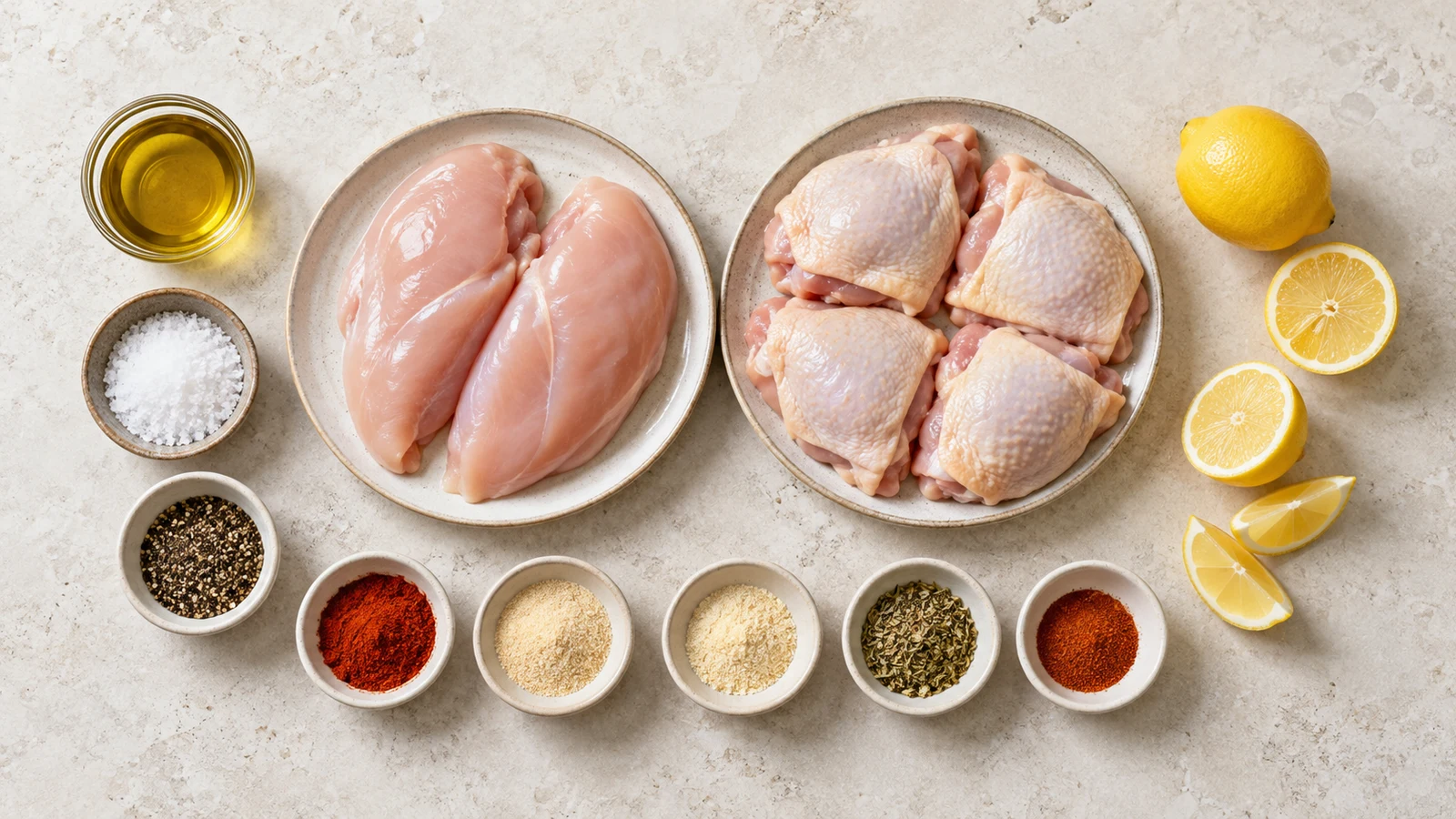 Ingredients for cooking chicken in air fryer arranged in a bright, organized flat lay.