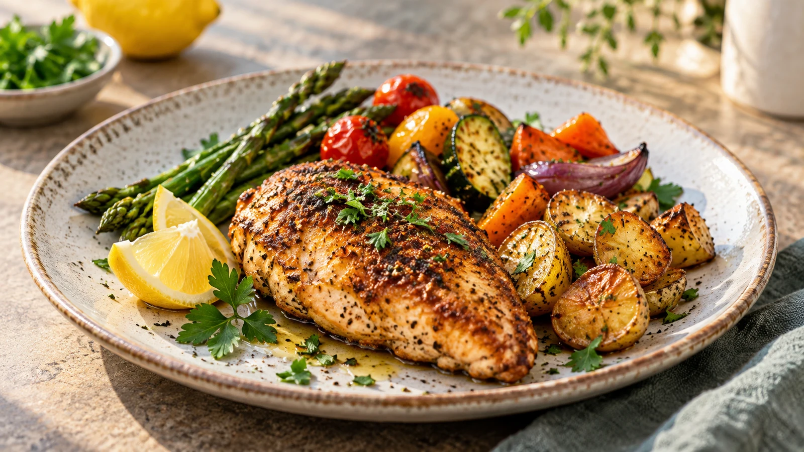 Cooking chicken in air fryer served with parsley, lemon, roasted vegetables, and crispy potatoes.