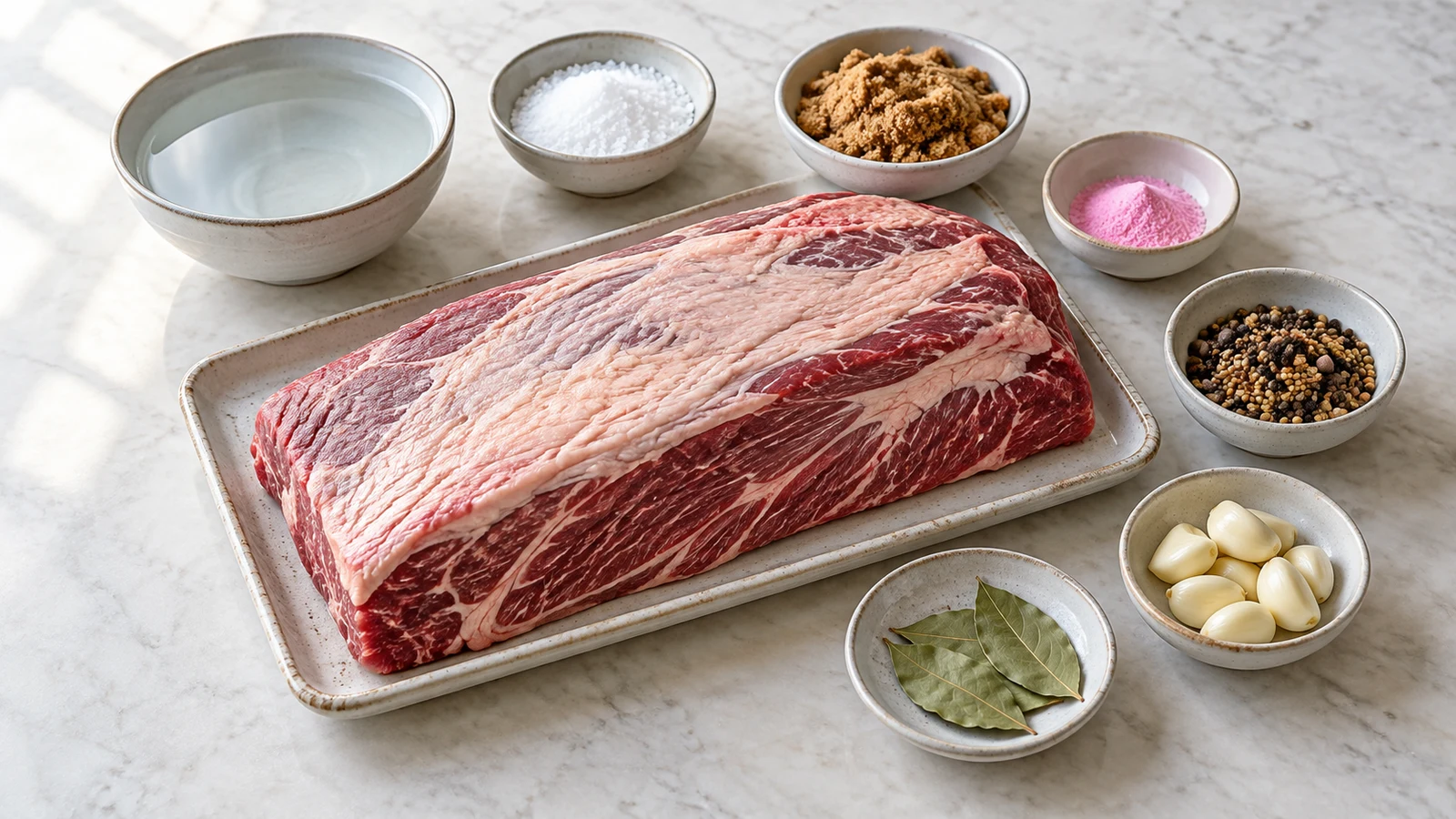 Corned beef brine recipe: corned beef brine ingredients with brisket, salts, brown sugar, pickling spice, garlic and bay leaves.