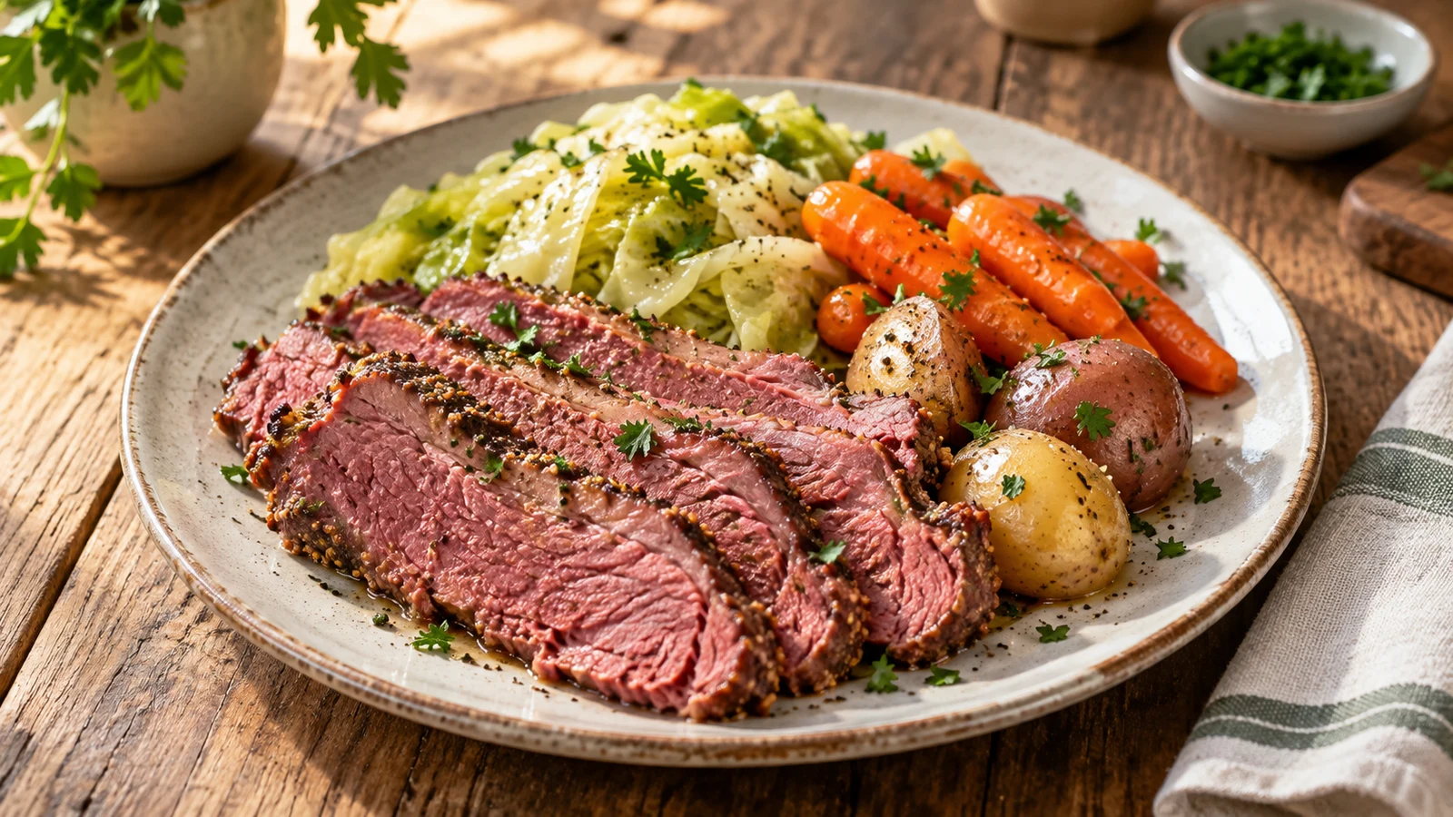 Corned beef brine served as sliced brisket with parsley, pepper, cabbage, carrots and potatoes.