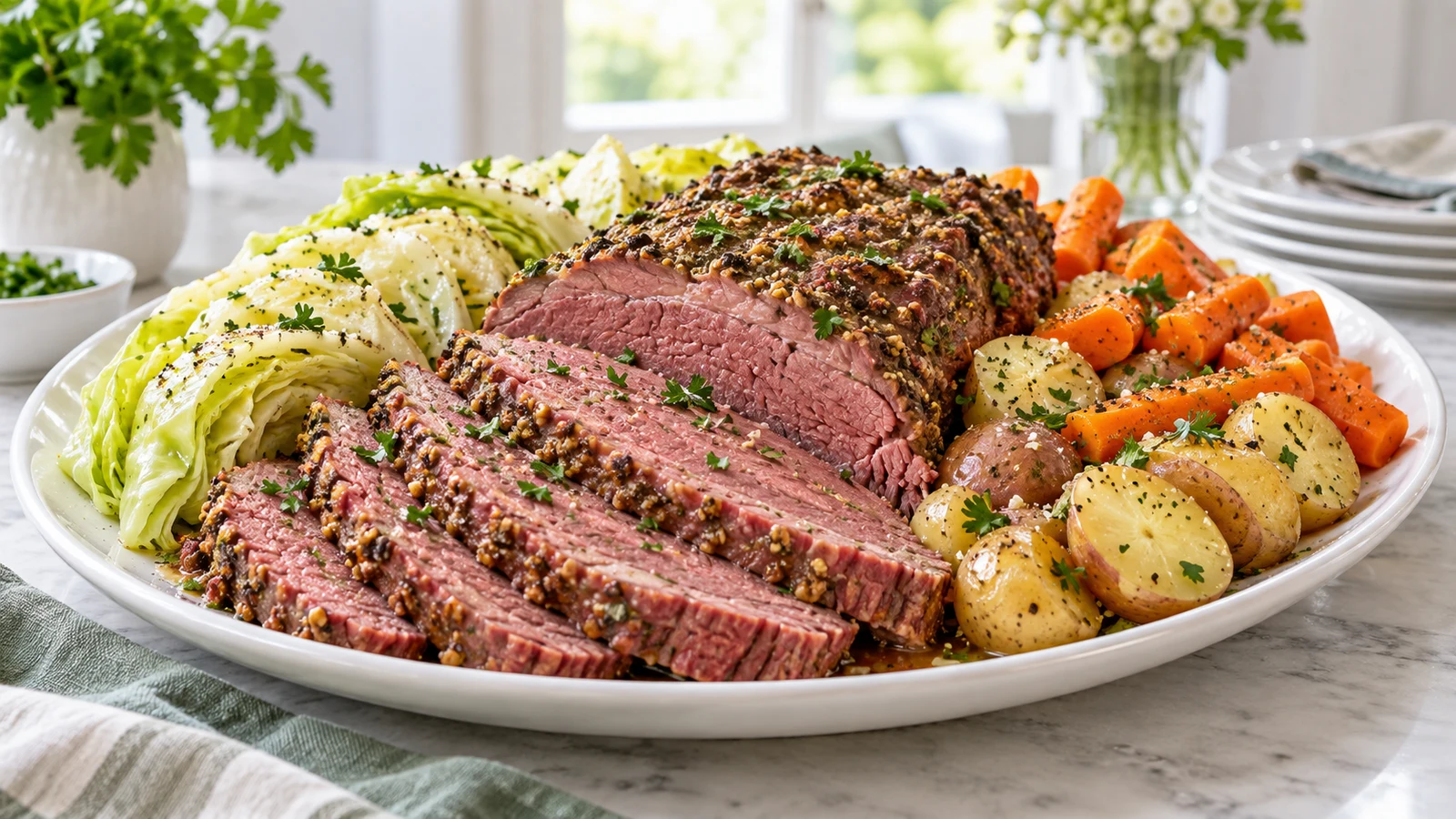 Corned beef brine with tender sliced brisket, parsley, pepper and colorful buttered vegetables.