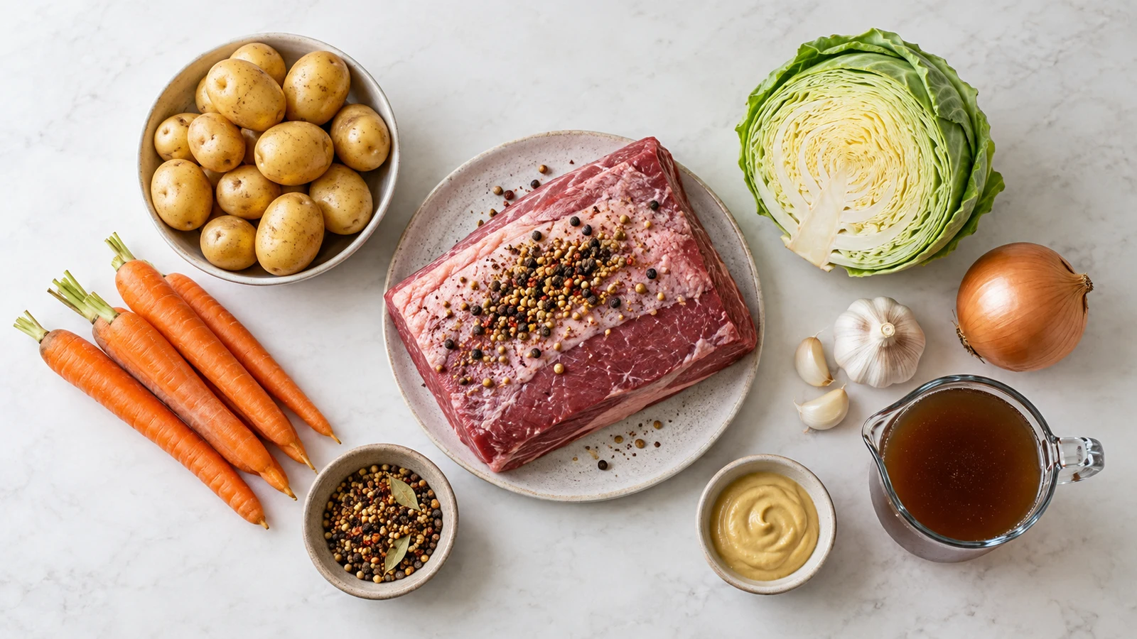 Corned beef brisket in a crock pot recipes: ingredients for corned beef brisket in a crock pot arranged in a bright, organized flat lay.