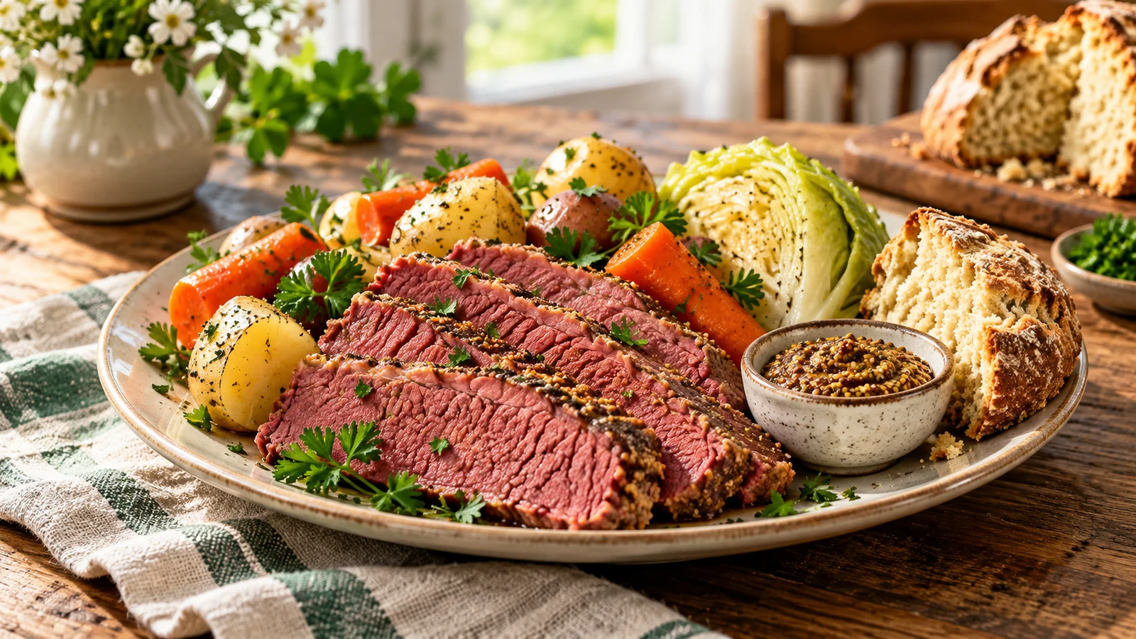 Corned beef brisket in a crock pot served with vegetables, mustard, and Irish soda bread.