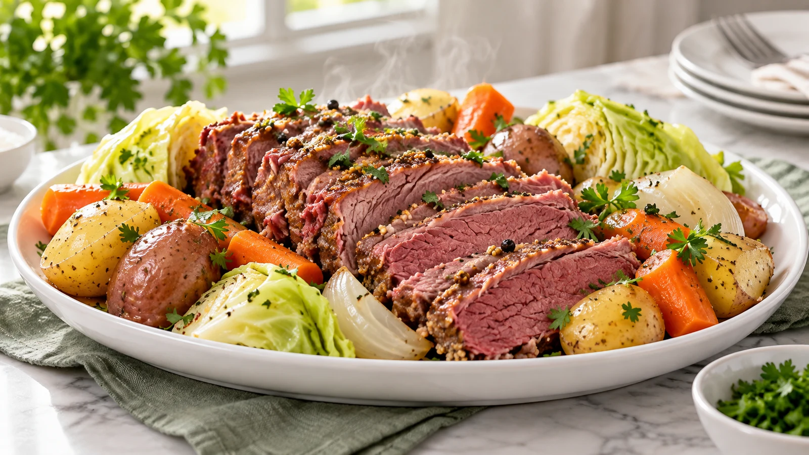 Corned beef brisket in a crock pot with tender cabbage, potatoes, carrots, and parsley.