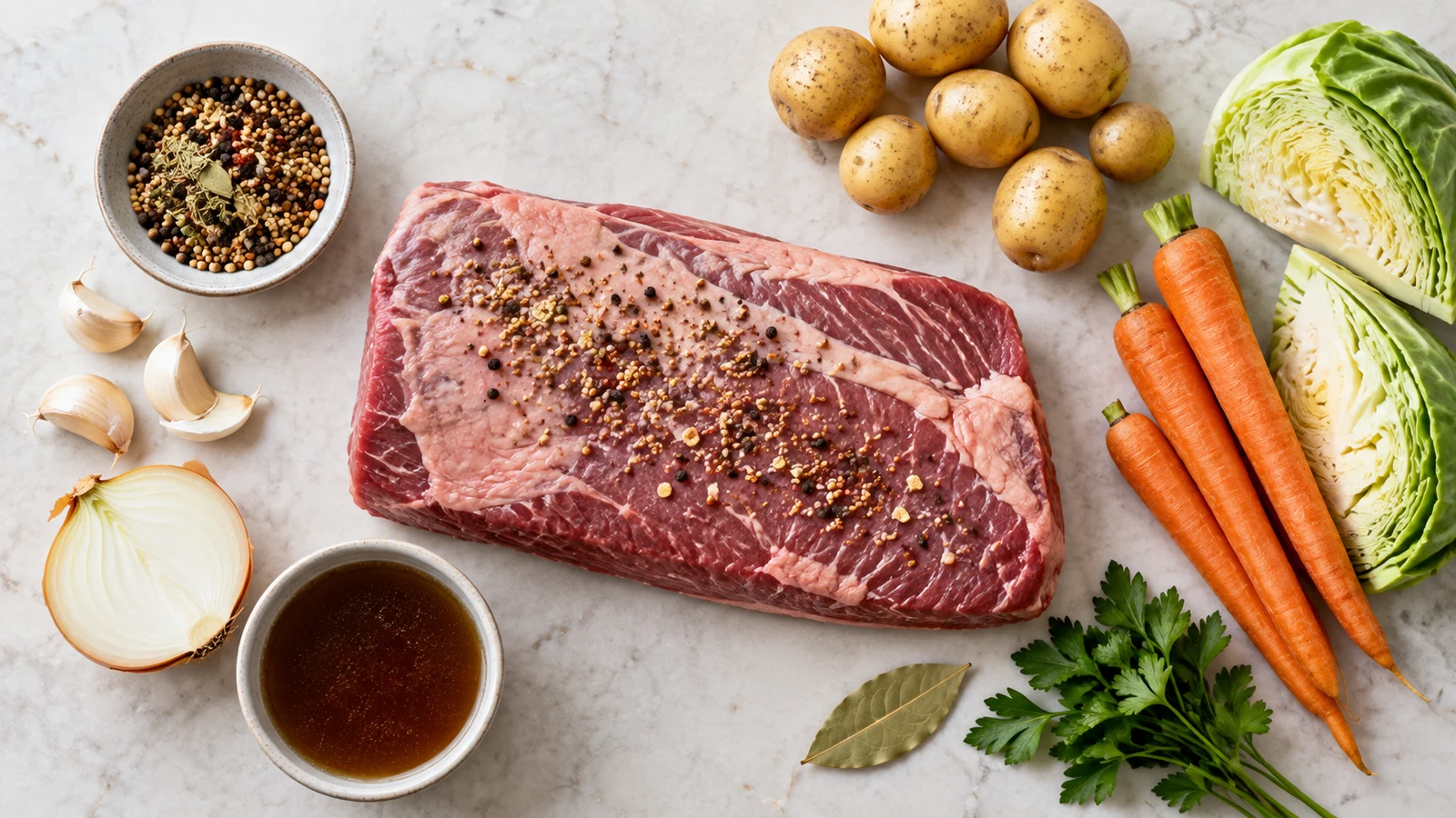 Corned beef instant pot recipe: ingredients for corned beef instant pot arranged with brisket, broth, cabbage, potatoes and carrots.