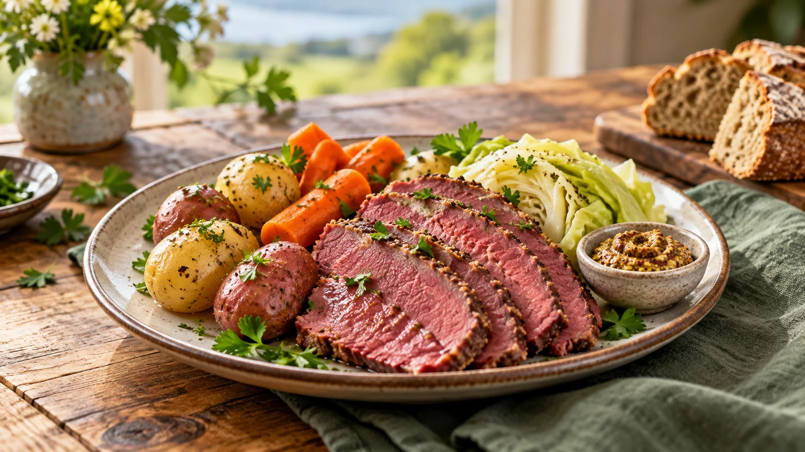 Corned beef instant pot served with vegetables, whole-grain mustard, parsley and Irish soda bread.