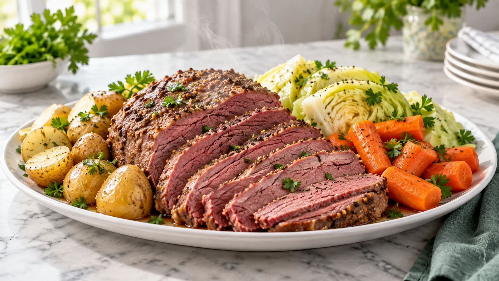 Steaming sliced corned beef instant pot with cabbage, carrots and baby potatoes on a white platter.