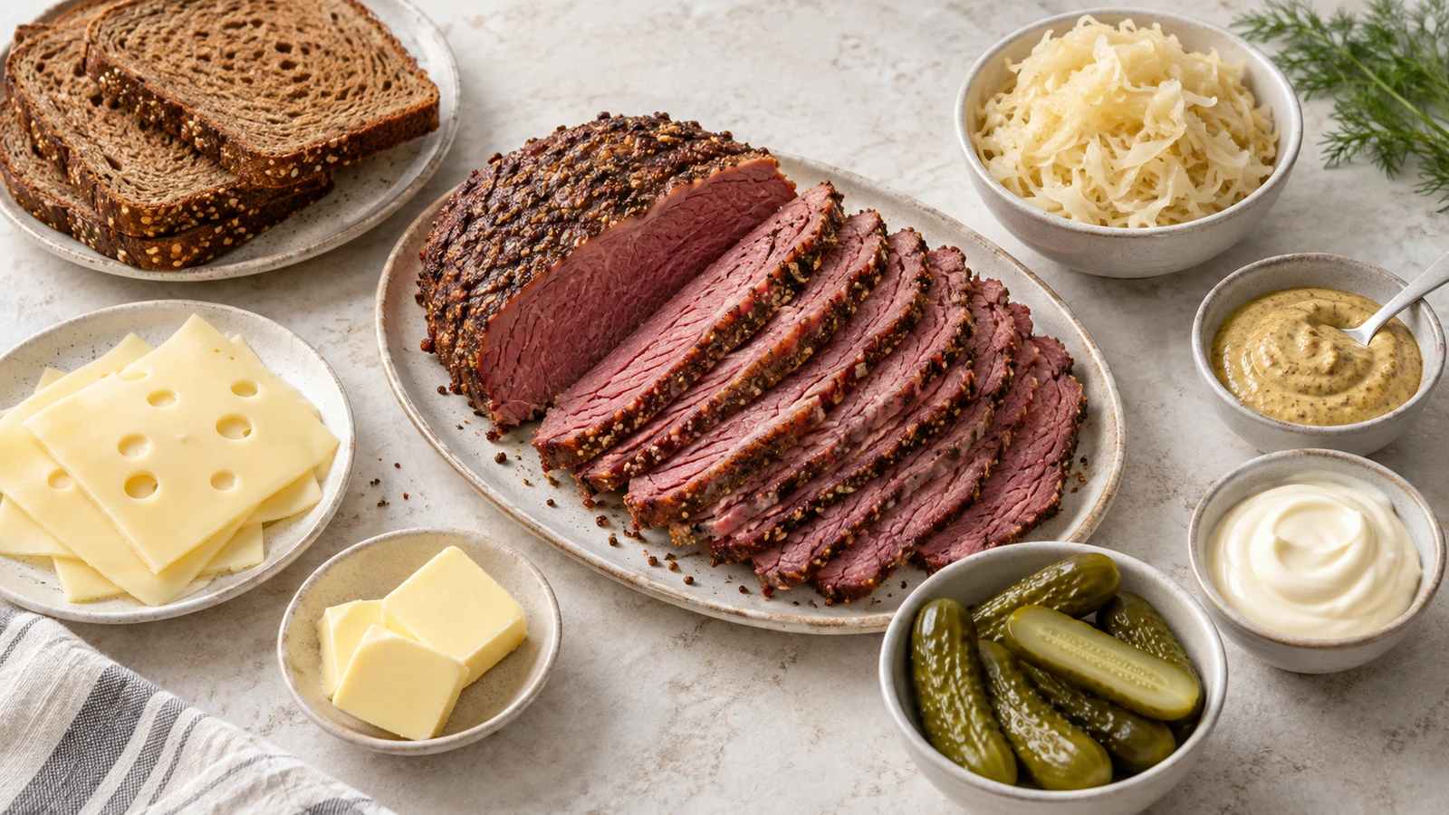 Corned beef sandwich recipe: corned beef sandwich ingredients arranged in a bright flat lay with rye, Swiss, sauerkraut and pickles.