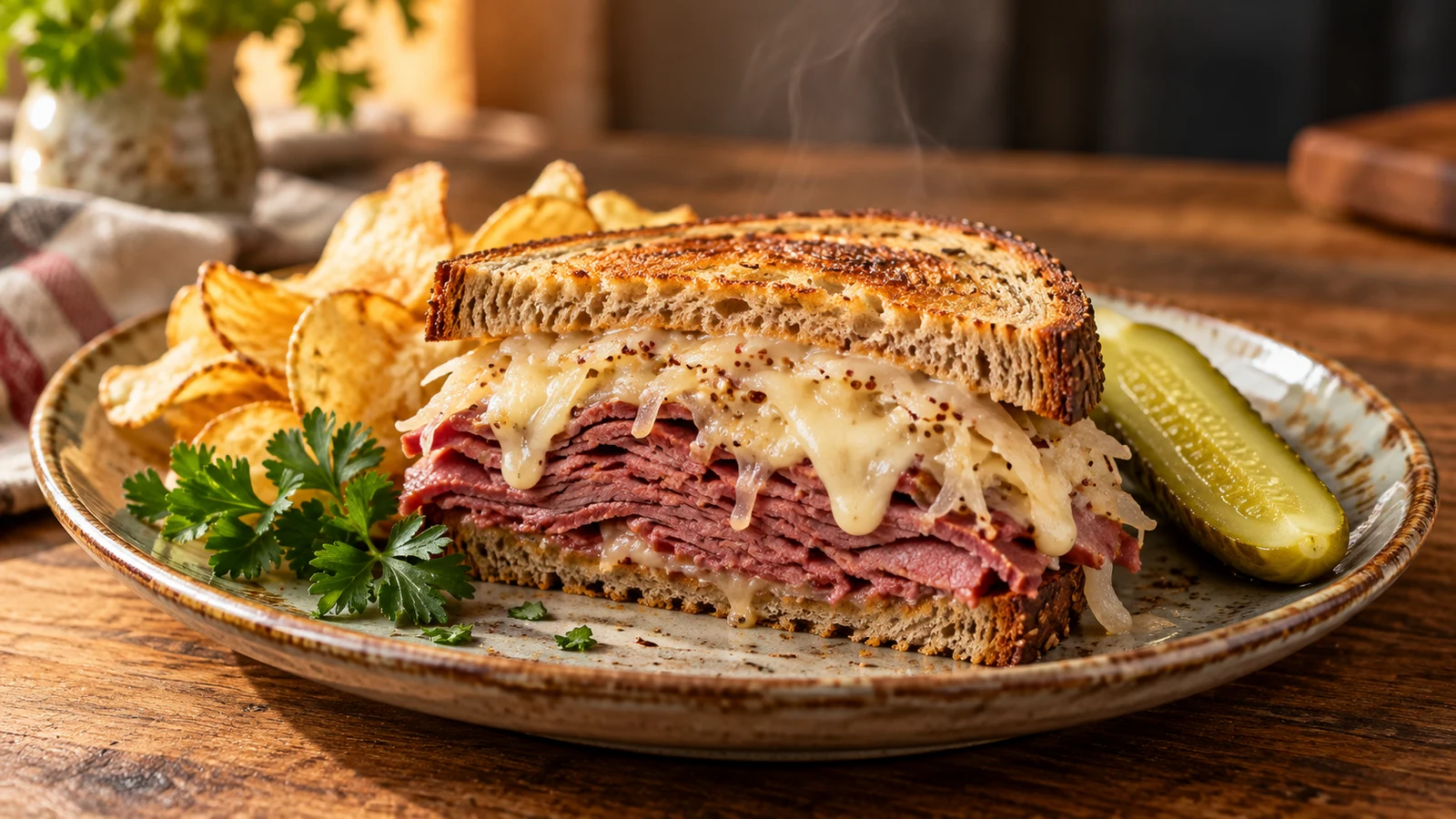 Corned beef sandwich served hot with melted Swiss, sauerkraut, kettle chips and a pickle spear.