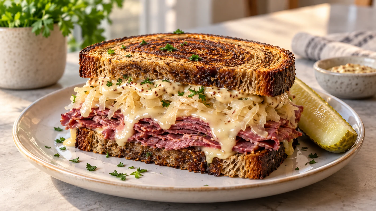 Golden grilled corned beef sandwich with melted Swiss, sauerkraut, parsley and a dill pickle spear.