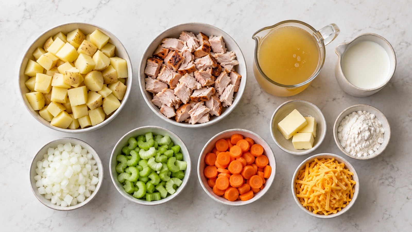 Cream of potato and ham soup recipe: ingredients for cream of potato and ham soup arranged in a bright, organized flat lay.
