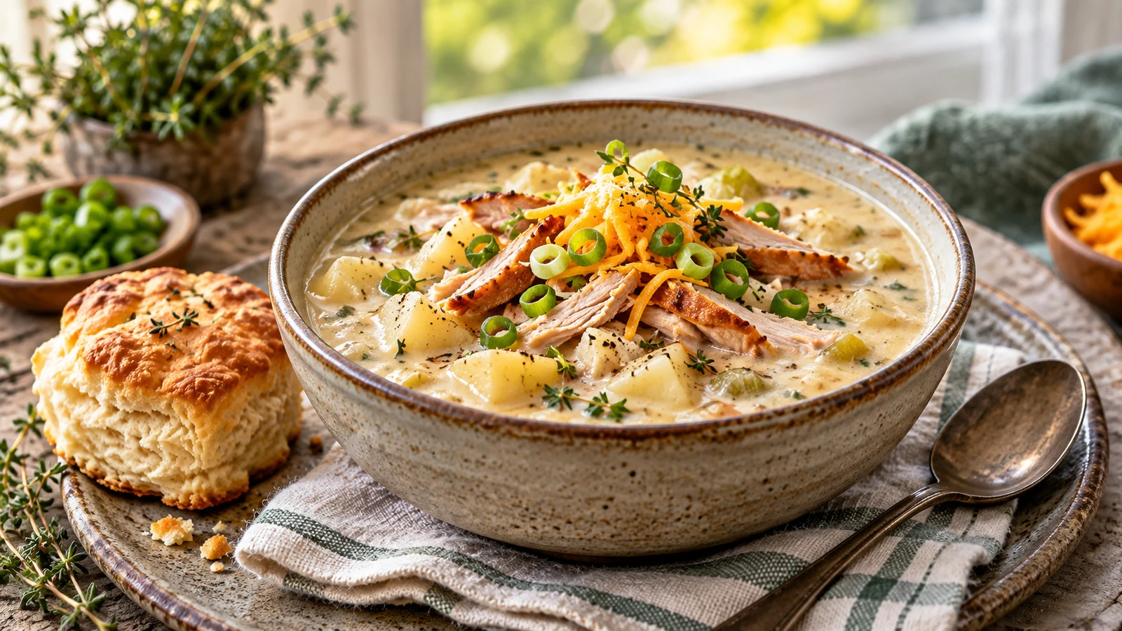 Cream of potato and ham soup served with cheddar, green onions, thyme and a flaky biscuit.