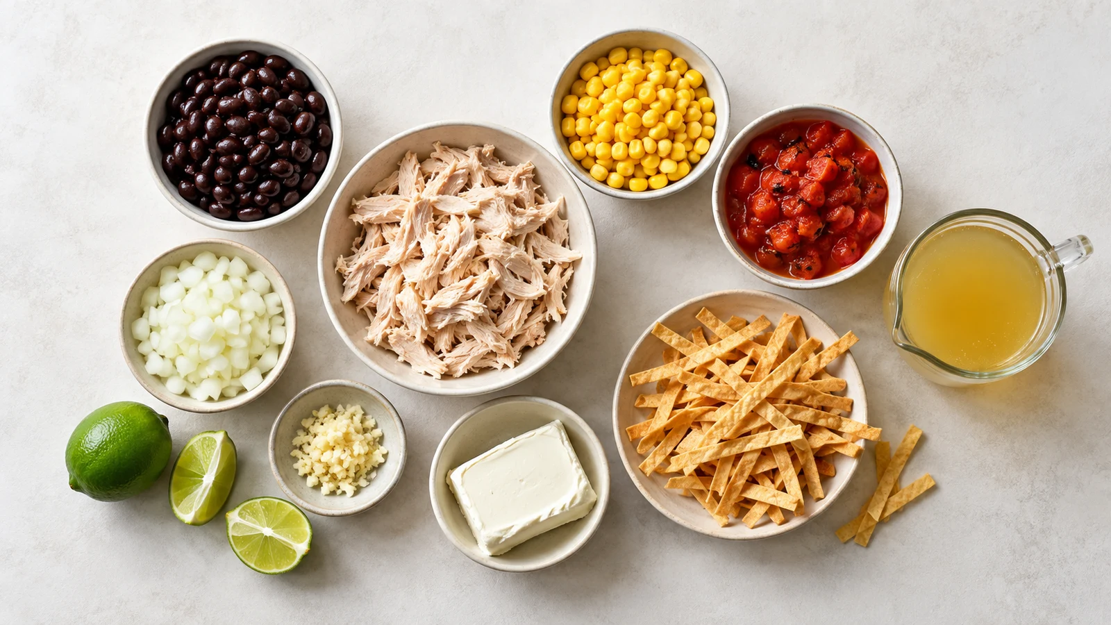 Creamy chicken tortilla soup recipe: ingredients for creamy chicken tortilla soup arranged in a bright, organized overhead flat lay.