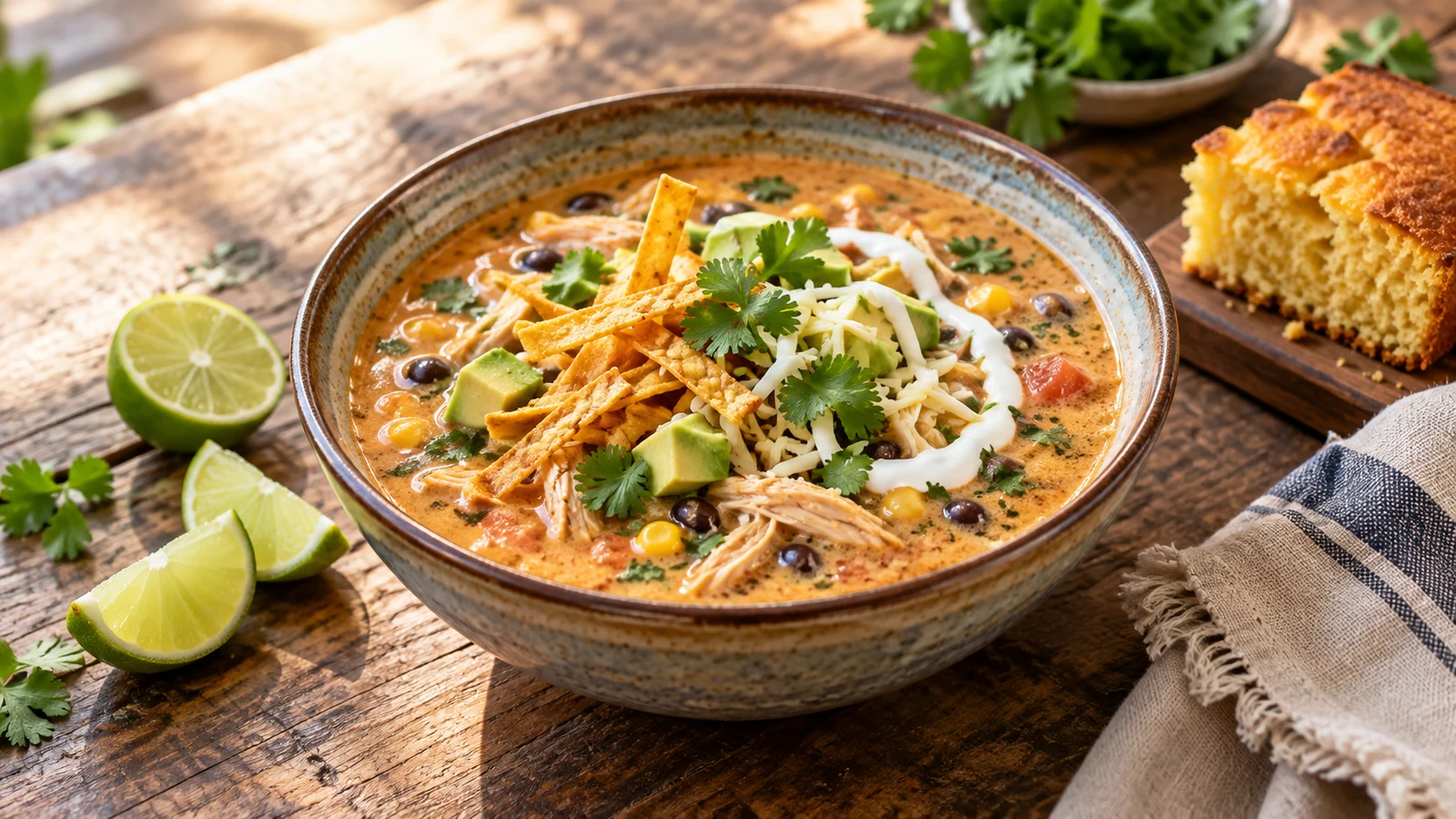 Creamy chicken tortilla soup served with avocado, tortilla strips, lime wedges, and warm cornbread.