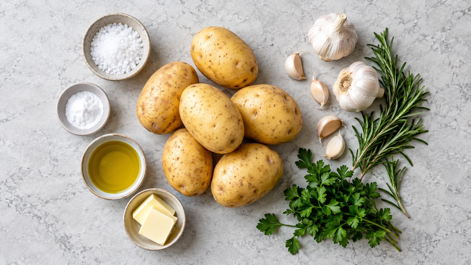 Crispy roasted potatoes recipe: ingredients for crispy roasted potatoes: Yukon Golds, salt, baking soda, oil, butter, garlic, and herbs.