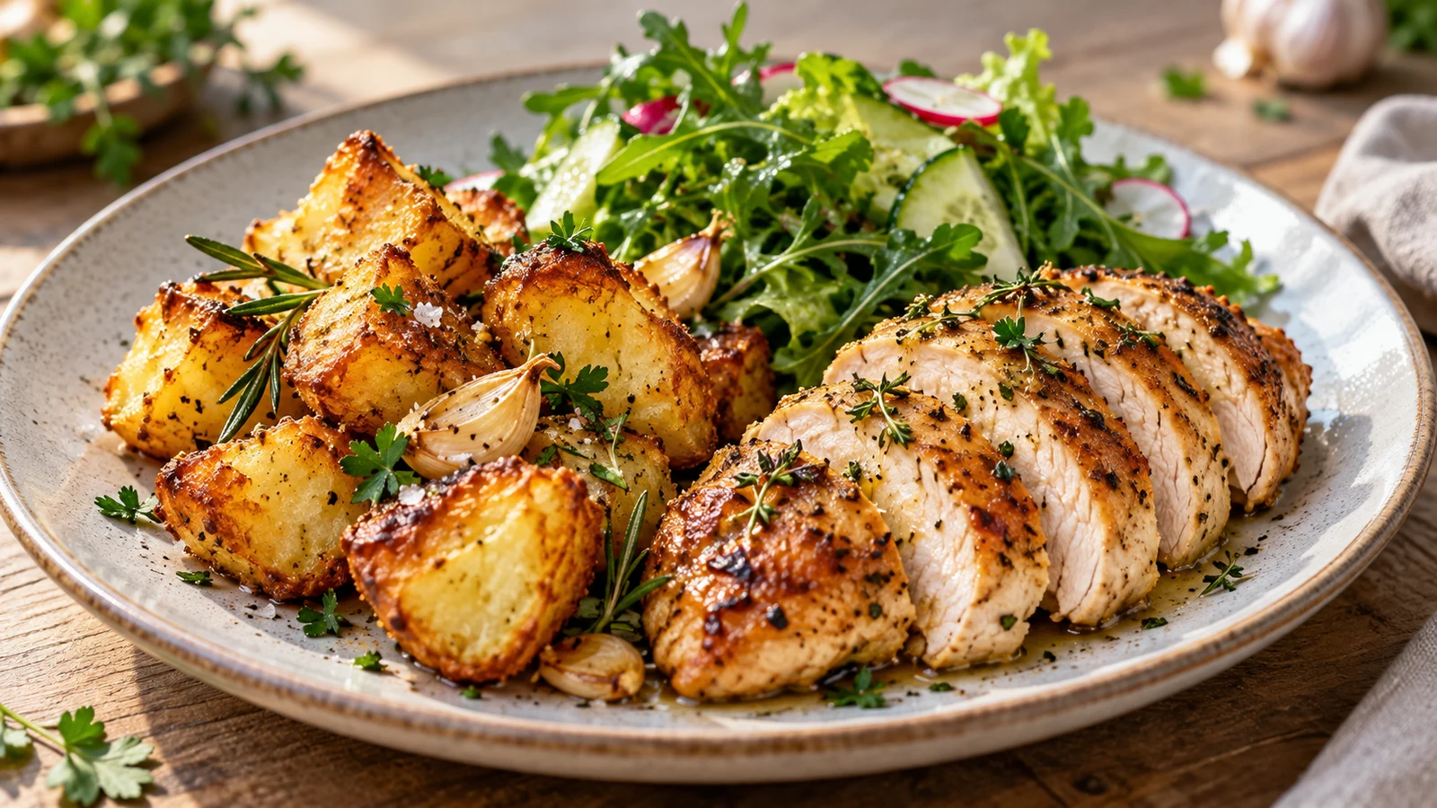 Crispy roasted potatoes served with roast chicken, green salad, fresh parsley, and rosemary.