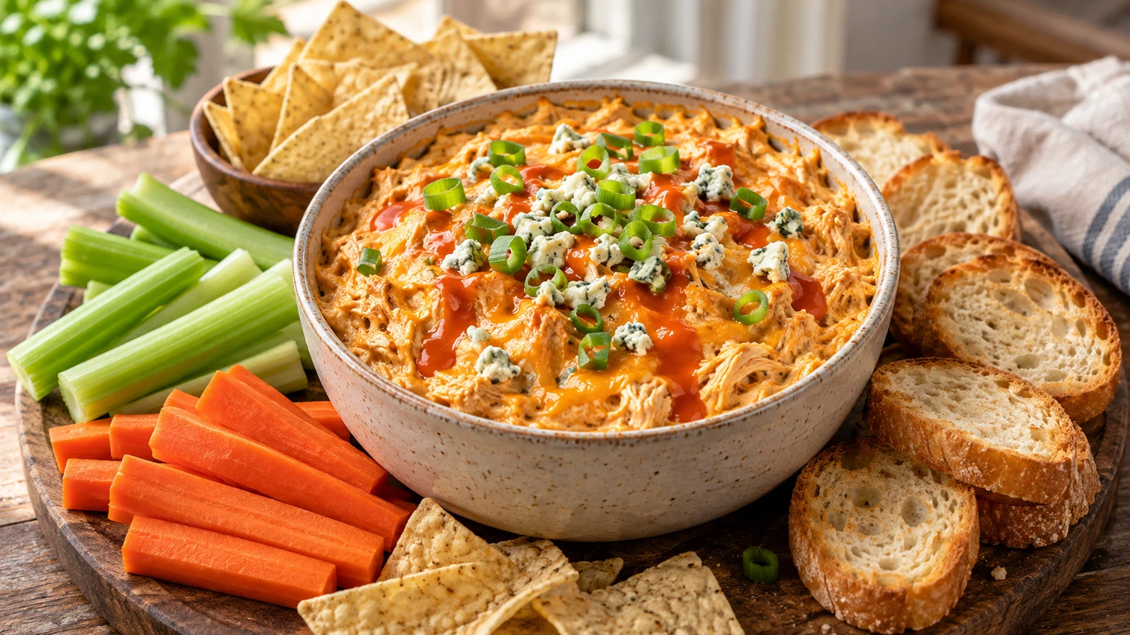Crock pot buffalo chicken dip served with celery, carrots, tortilla chips, and toasted baguette.